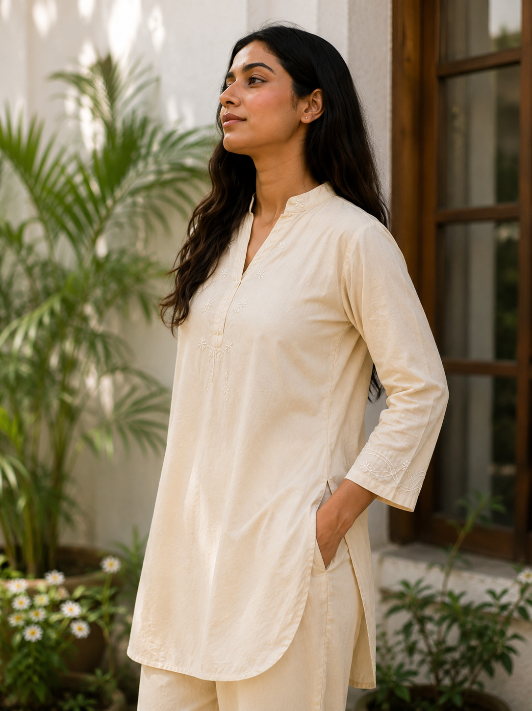 Butter yellow linen floral chikankari co-ord set by Karicraft