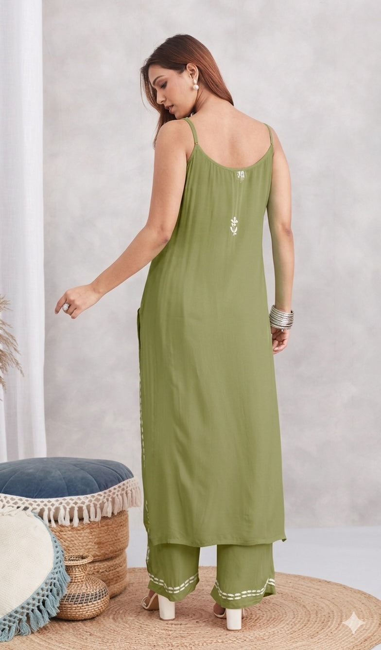 Modal Strappy Chikankari Kurta & Palazzo Set - green