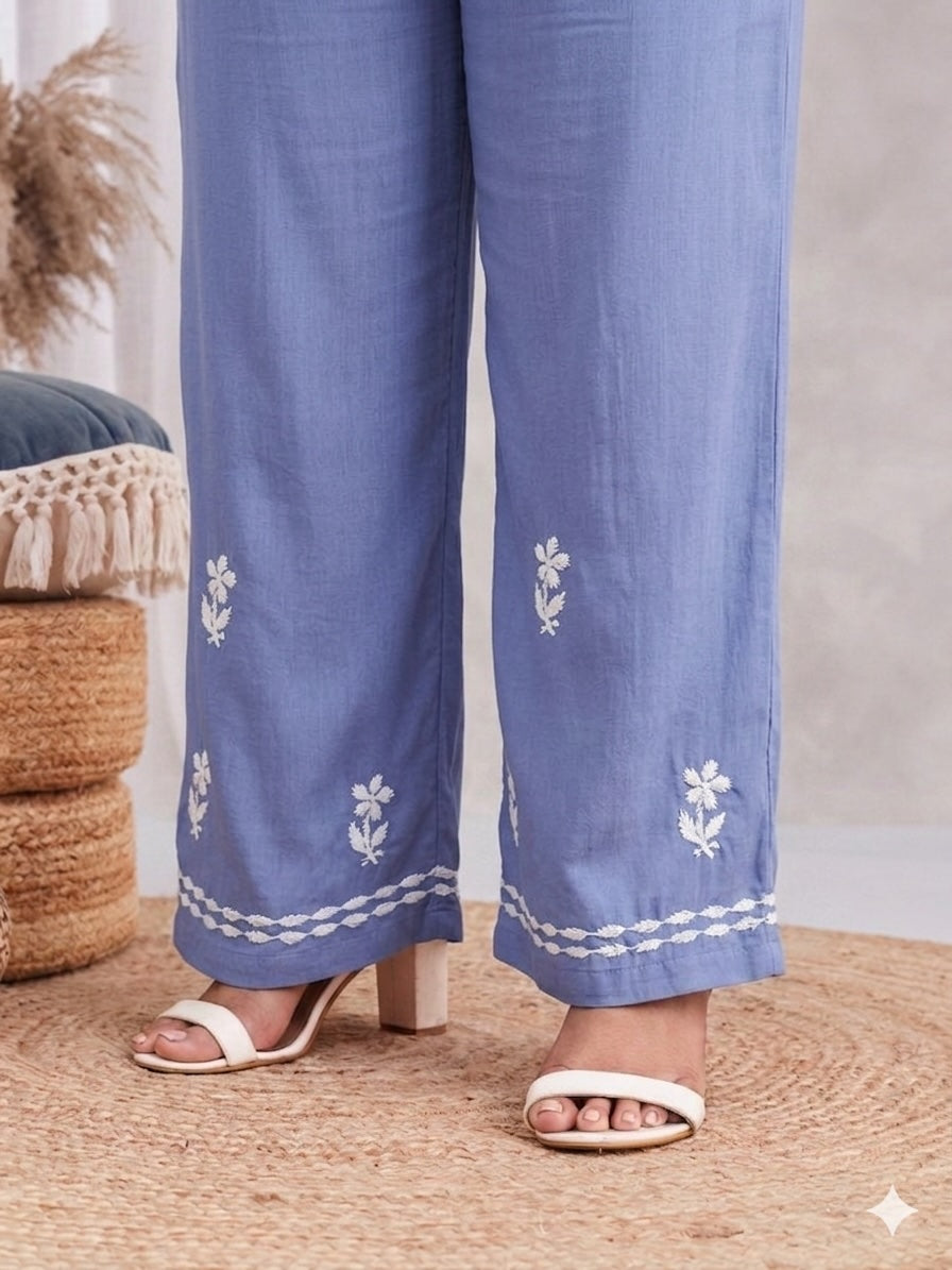 Modal Strappy Chikankari Kurta & Palazzo Set - blue