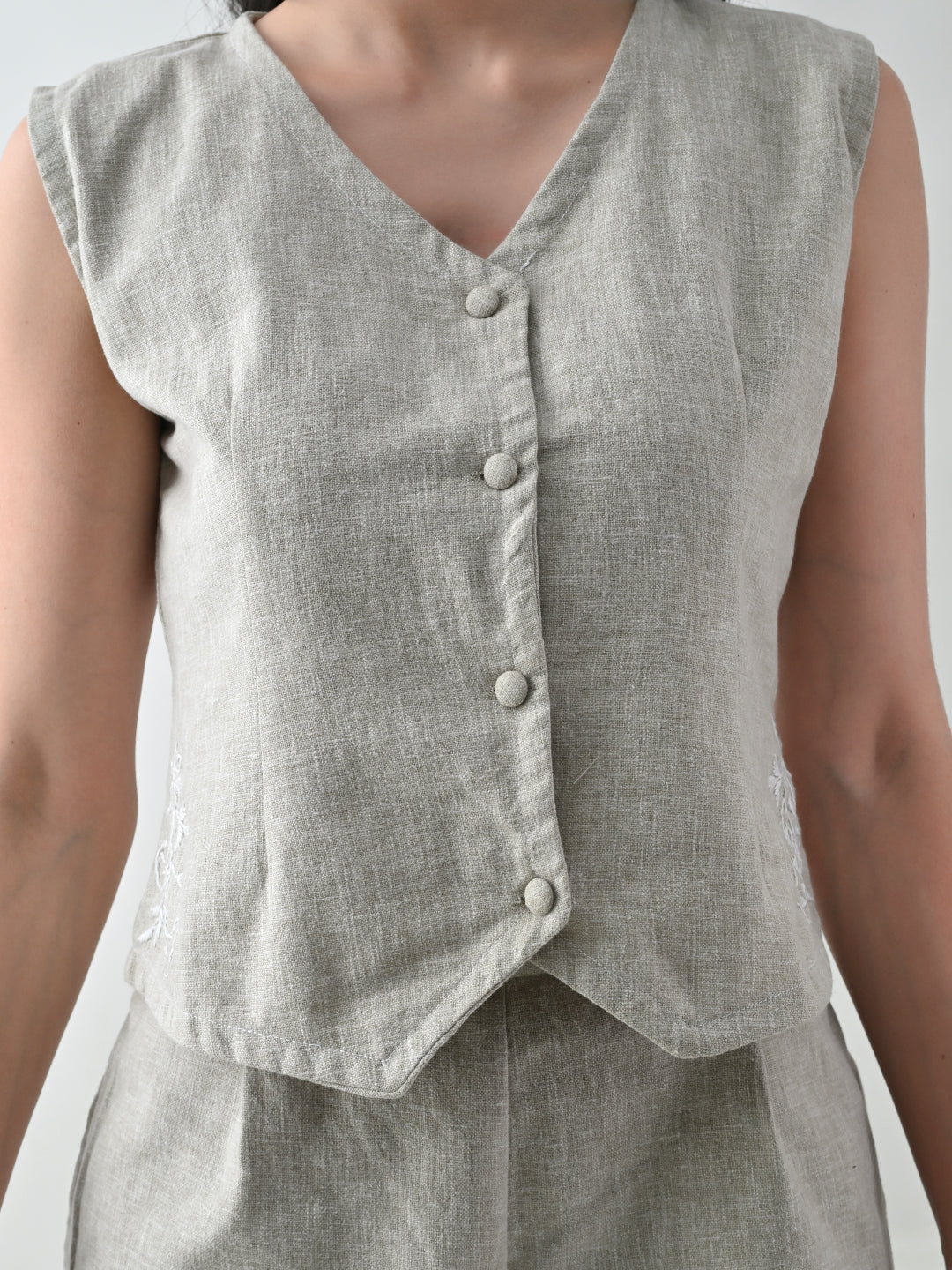 Chikankari Linen Waistcoat- Beige
