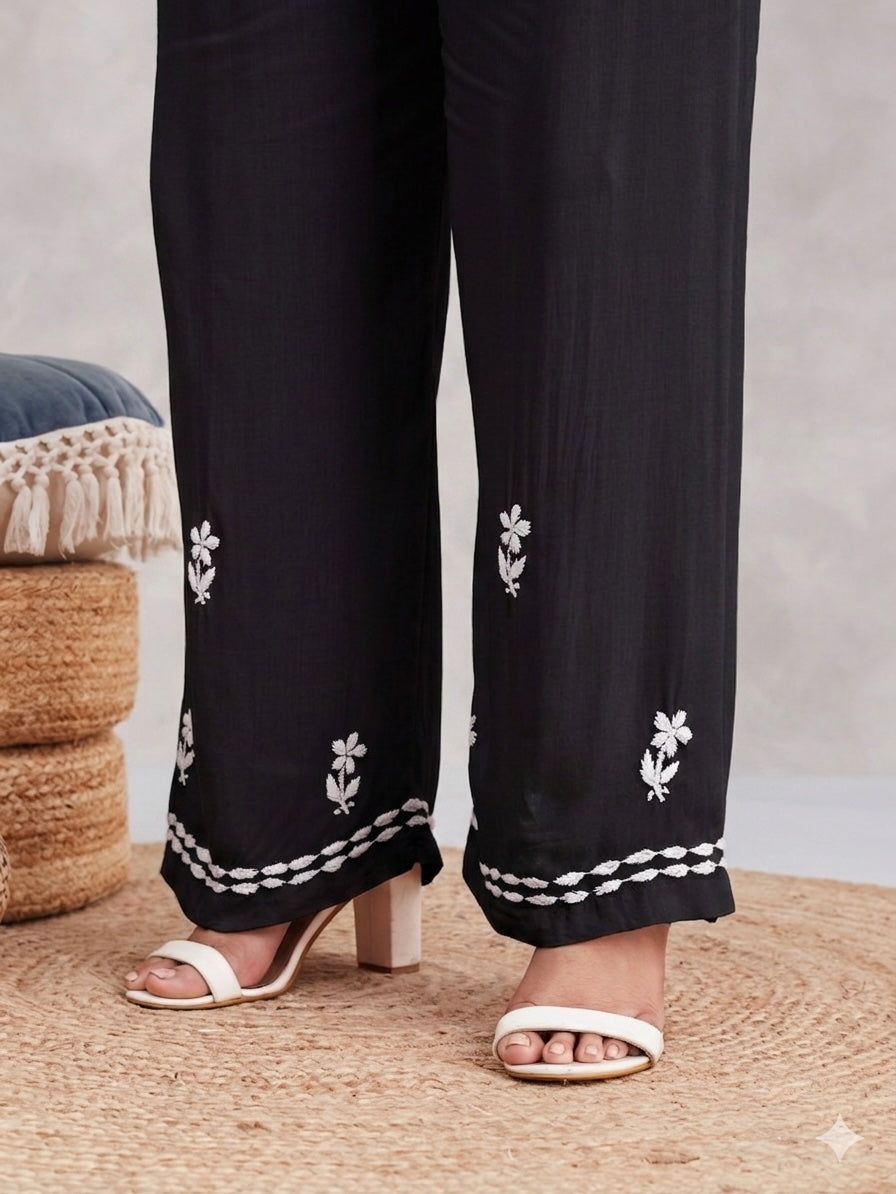 Modal Strappy Chikankari Kurta & Palazzo Set - black