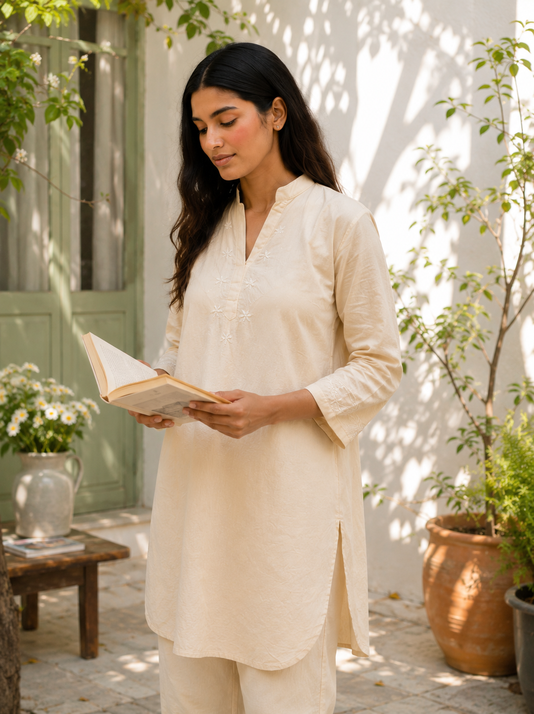 Butter yellow linen floral chikankari co-ord set by Karicraft