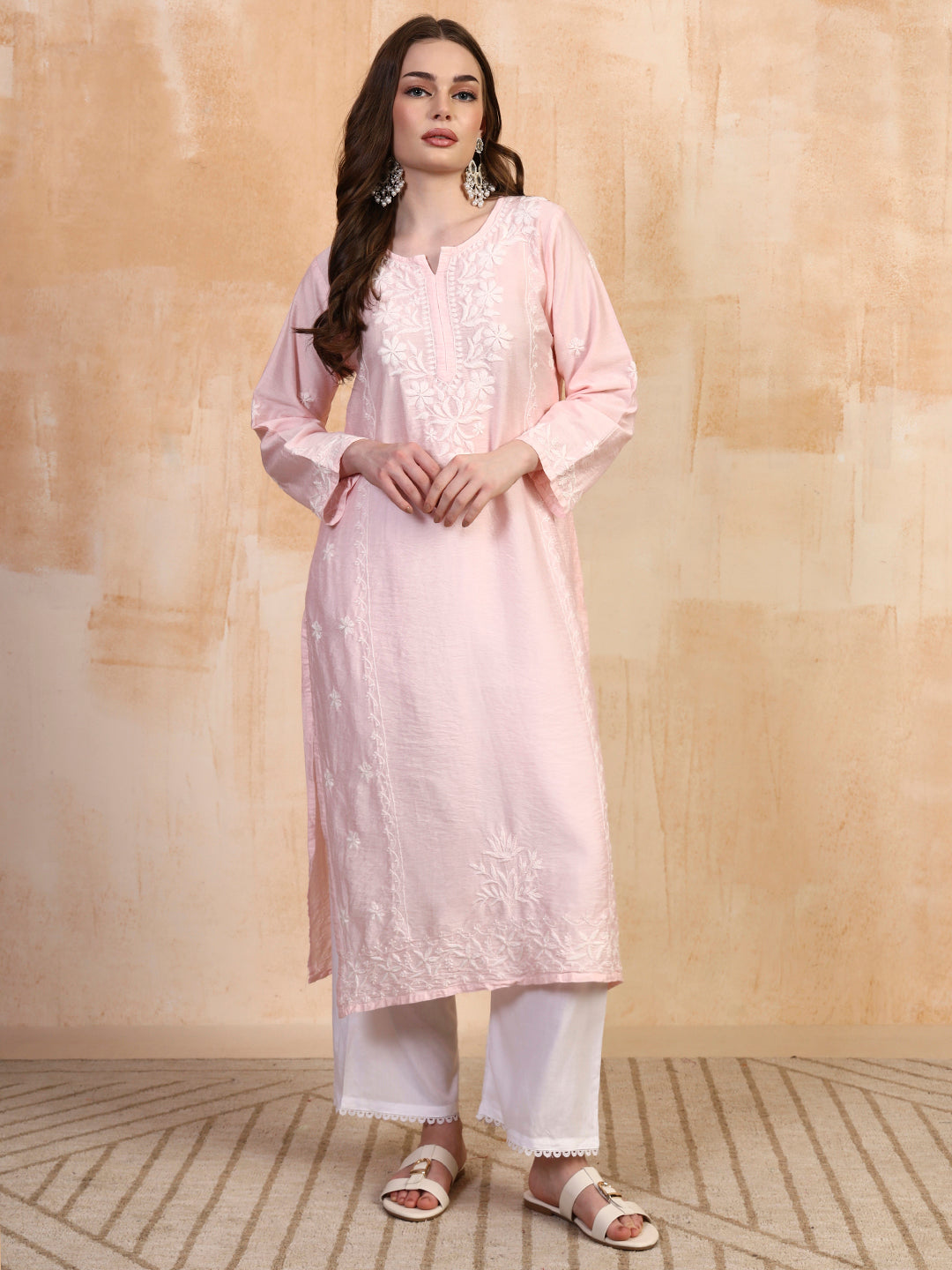 Pastel pink chanderi chikankari straight kurta by Karicraft