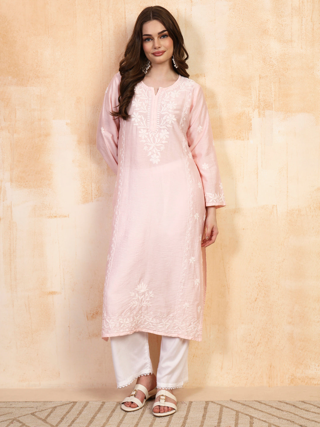 Pastel pink chanderi chikankari kurta with white palazzo set by Karicraft