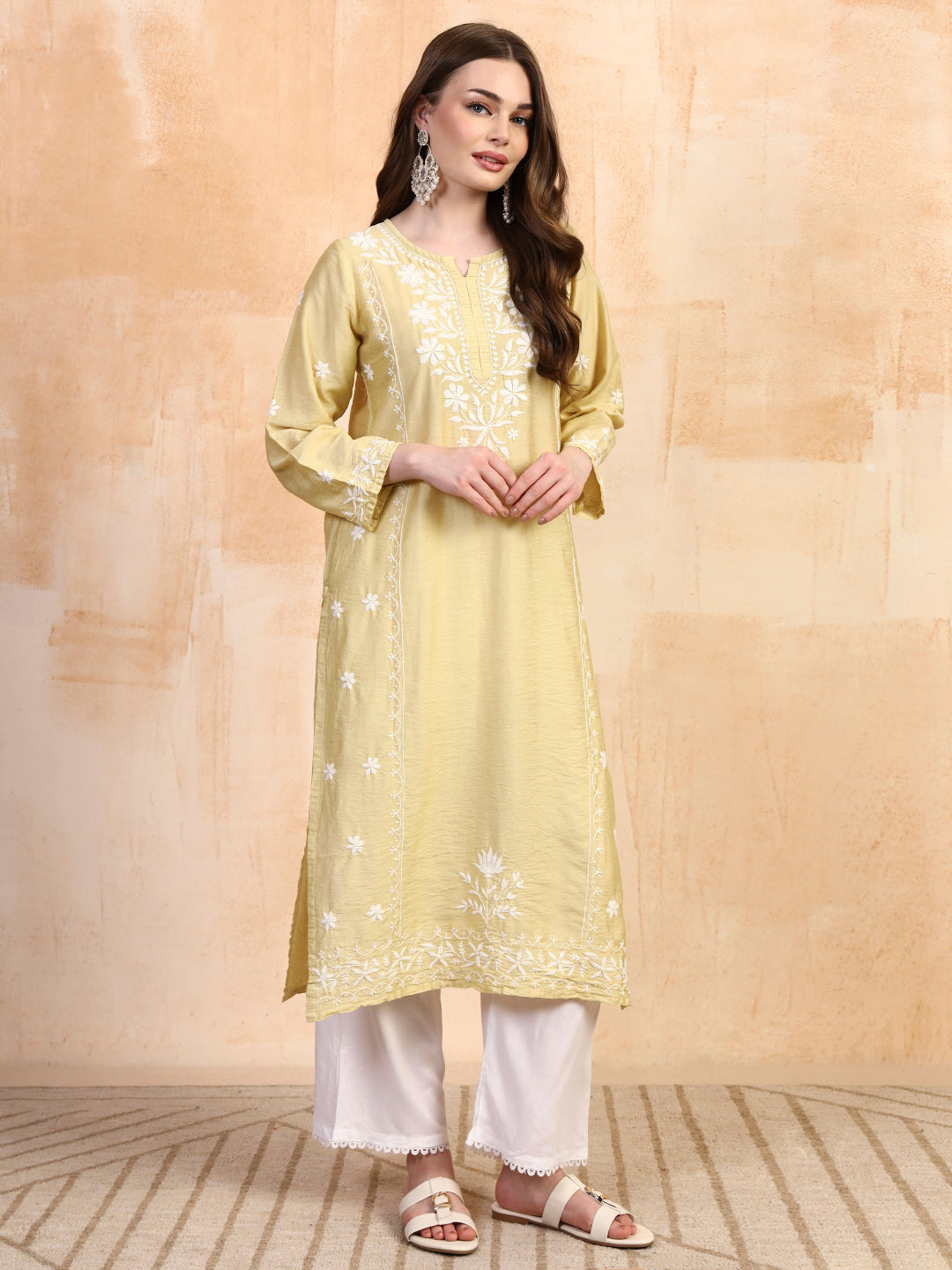 Pastel green chanderi chikankari kurta with white palazzo set by Karicraft