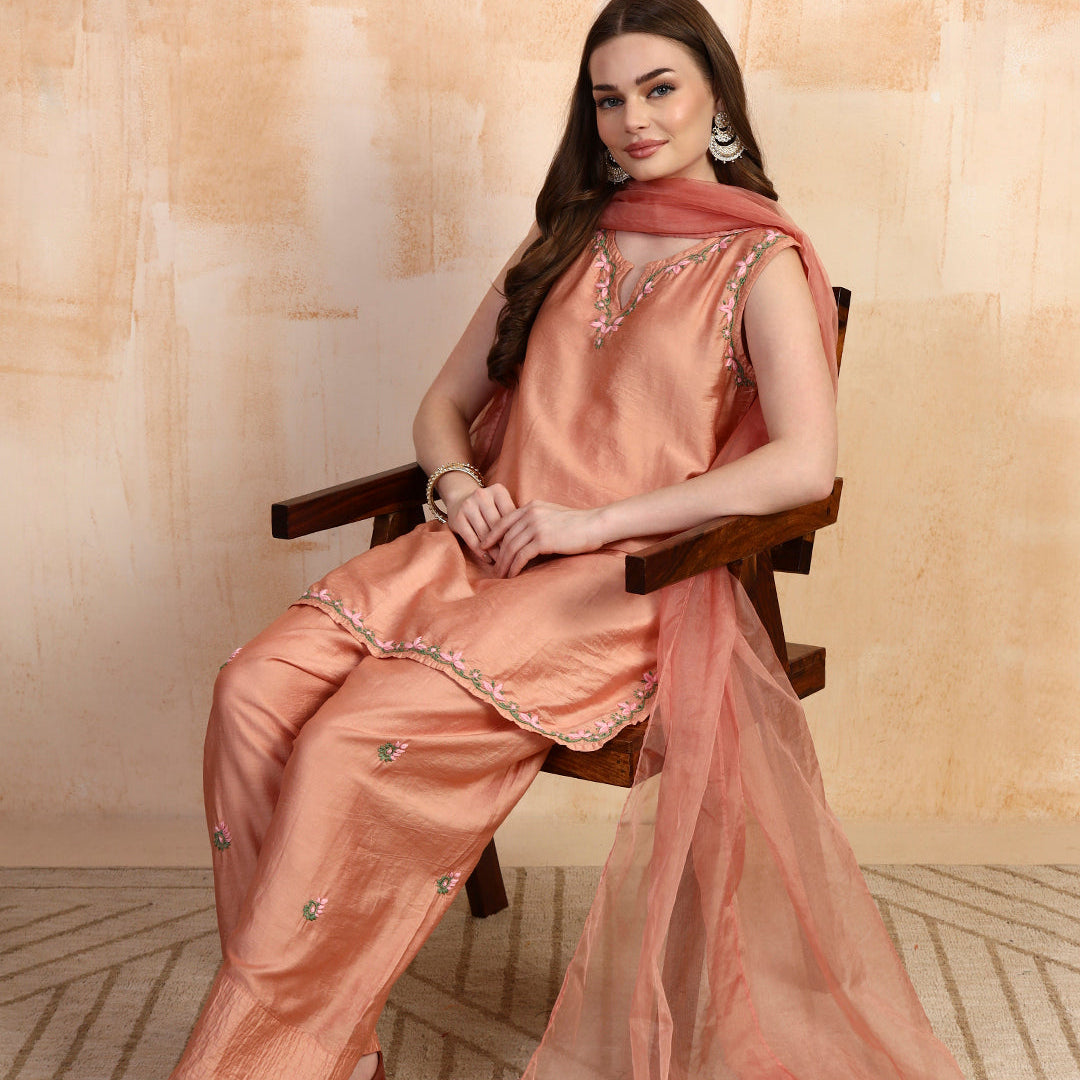 Rose gold chanderi chikankari kurta, farsi salwar and organza dupatta by Karicraft