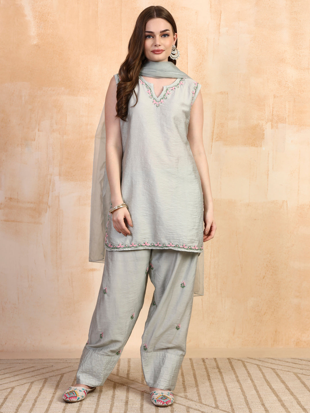 Sage green chanderi chikankari kurta, farsi salwar and organza dupatta by Karicraft