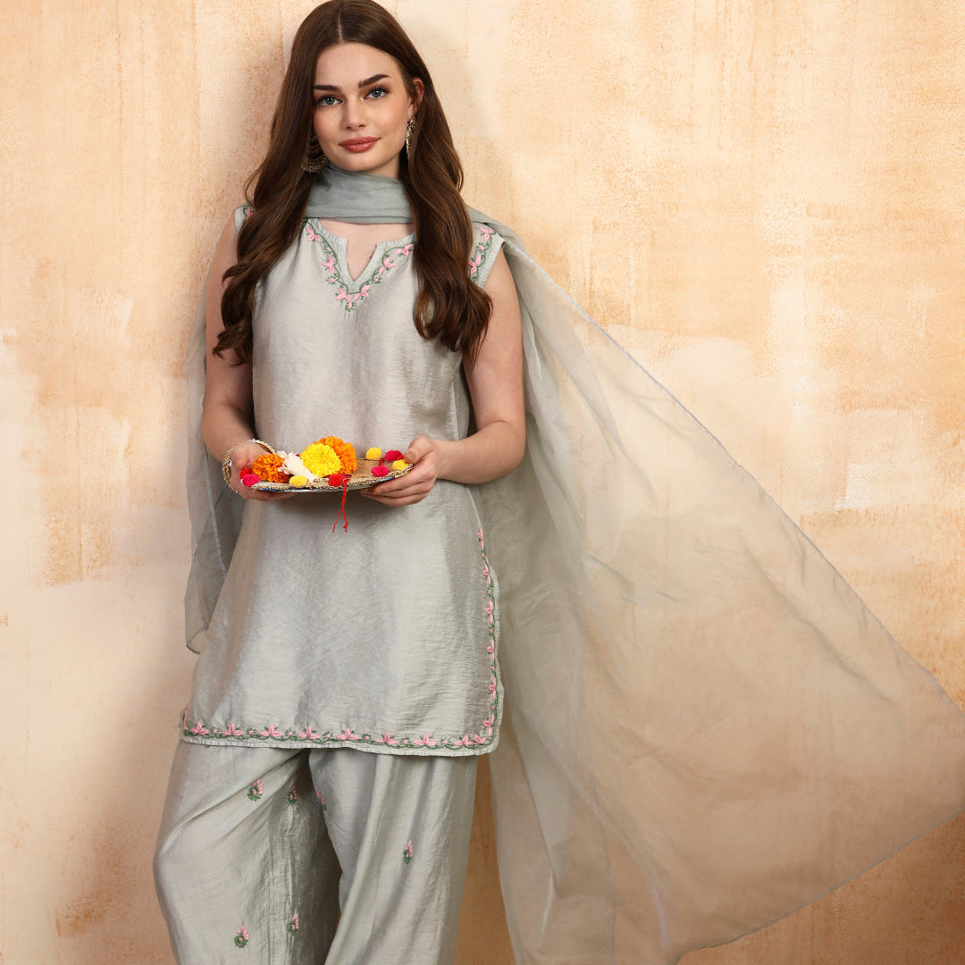 Sage green chanderi chikankari kurta, farsi salwar and organza dupatta by Karicraft