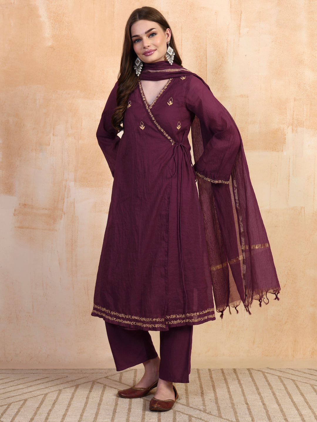 Wine mul chanderi angrakha chikankari 4-piece kurta set by Karicraft