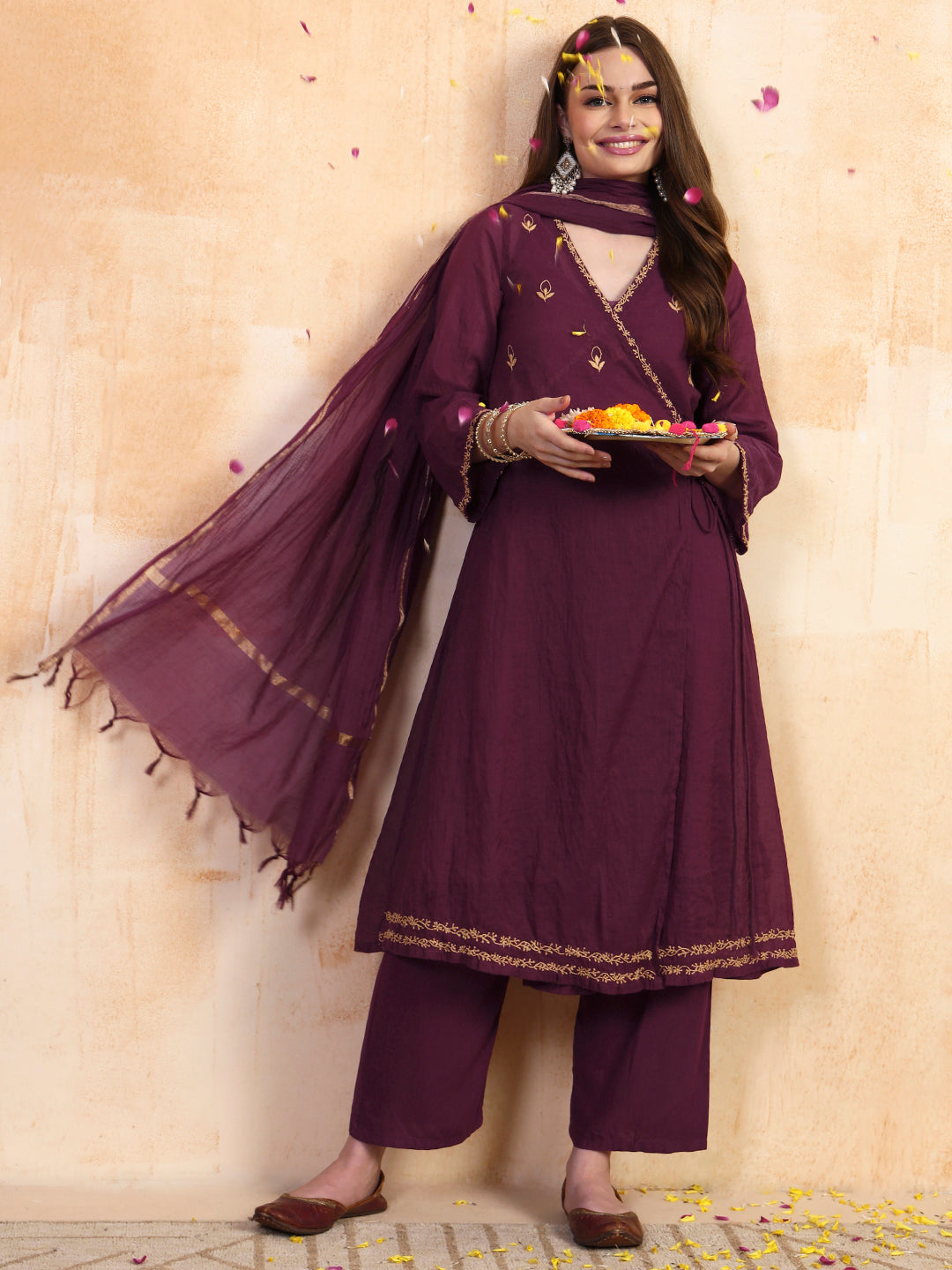 Wine mul chanderi angrakha chikankari 4-piece kurta set by Karicraft
