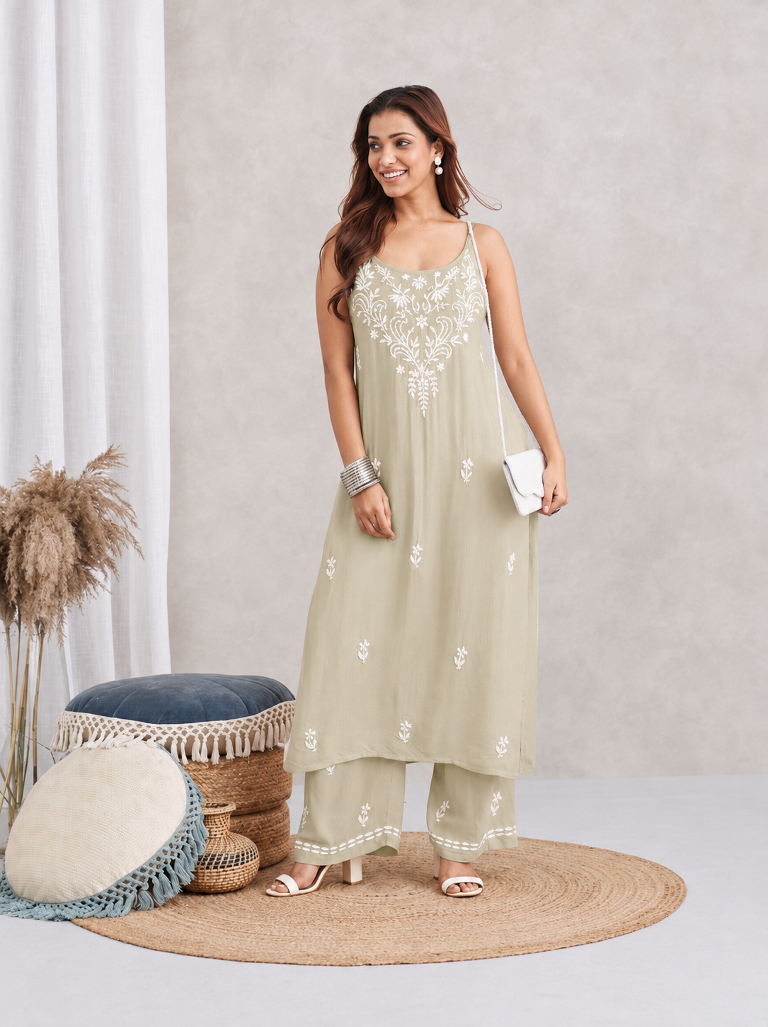 Fern Green Modal Chikankari Kurta & Palazzo Set