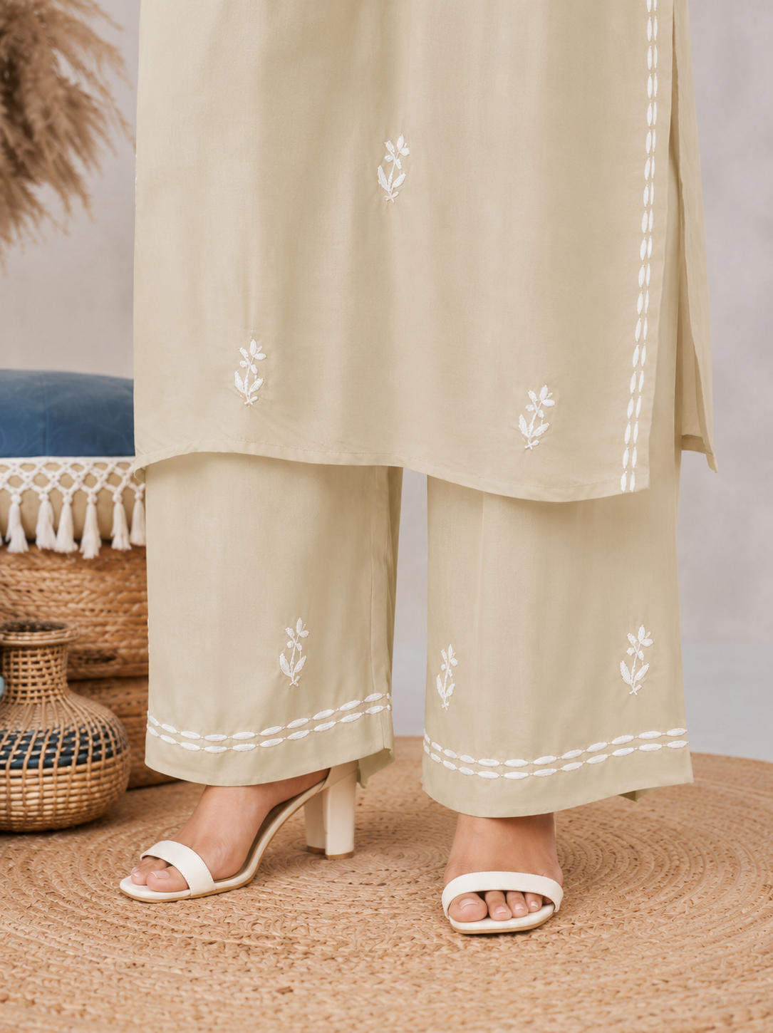 Fern green modal hand-embroidered chikankari kurta and palazzo set by Karicraft