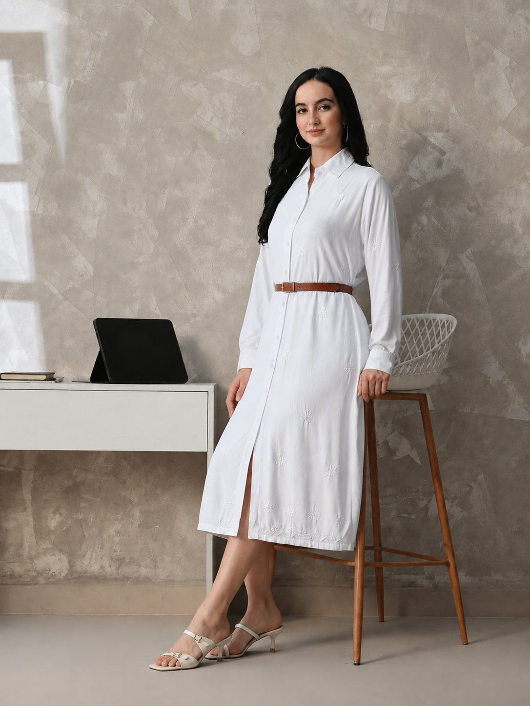 White rayon hand-embroidered chikankari shirt dress by Karicraft