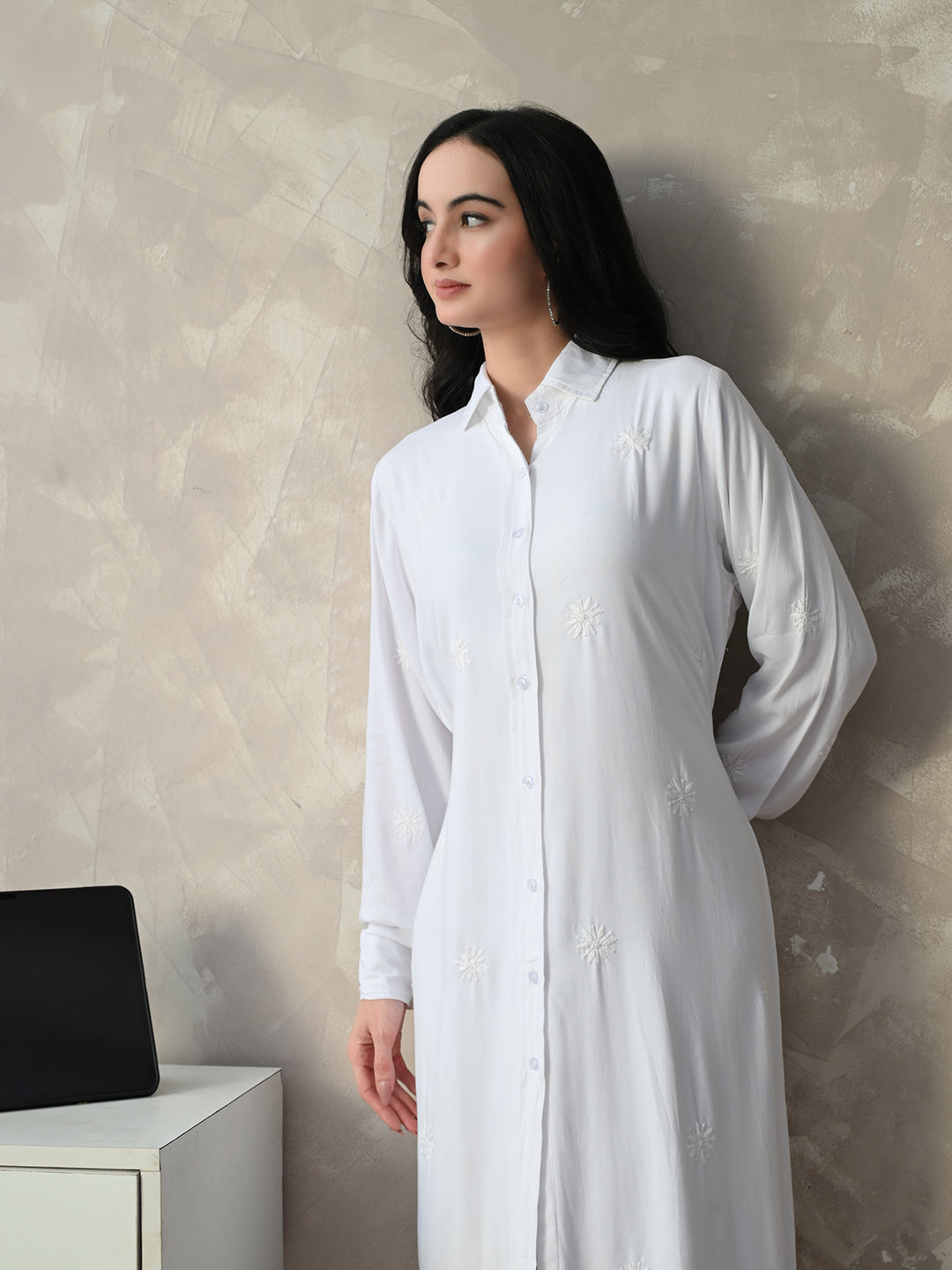 Femme Chikankari Shirt Dress - White