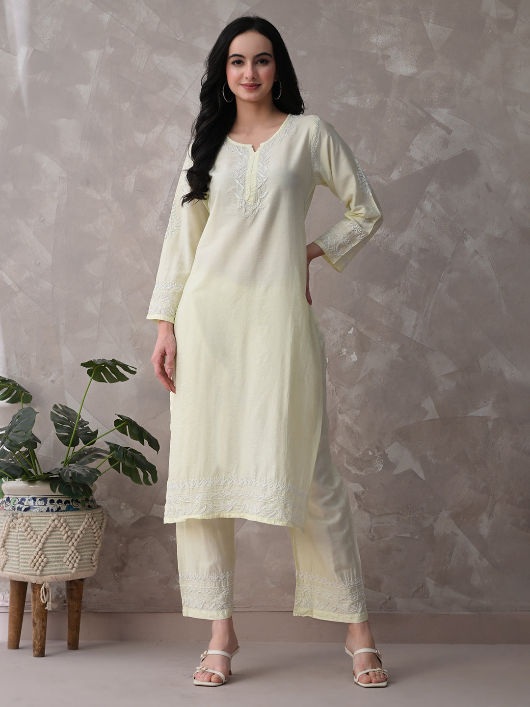 Chanderi Chikankari Kurta Set - Pastel Green