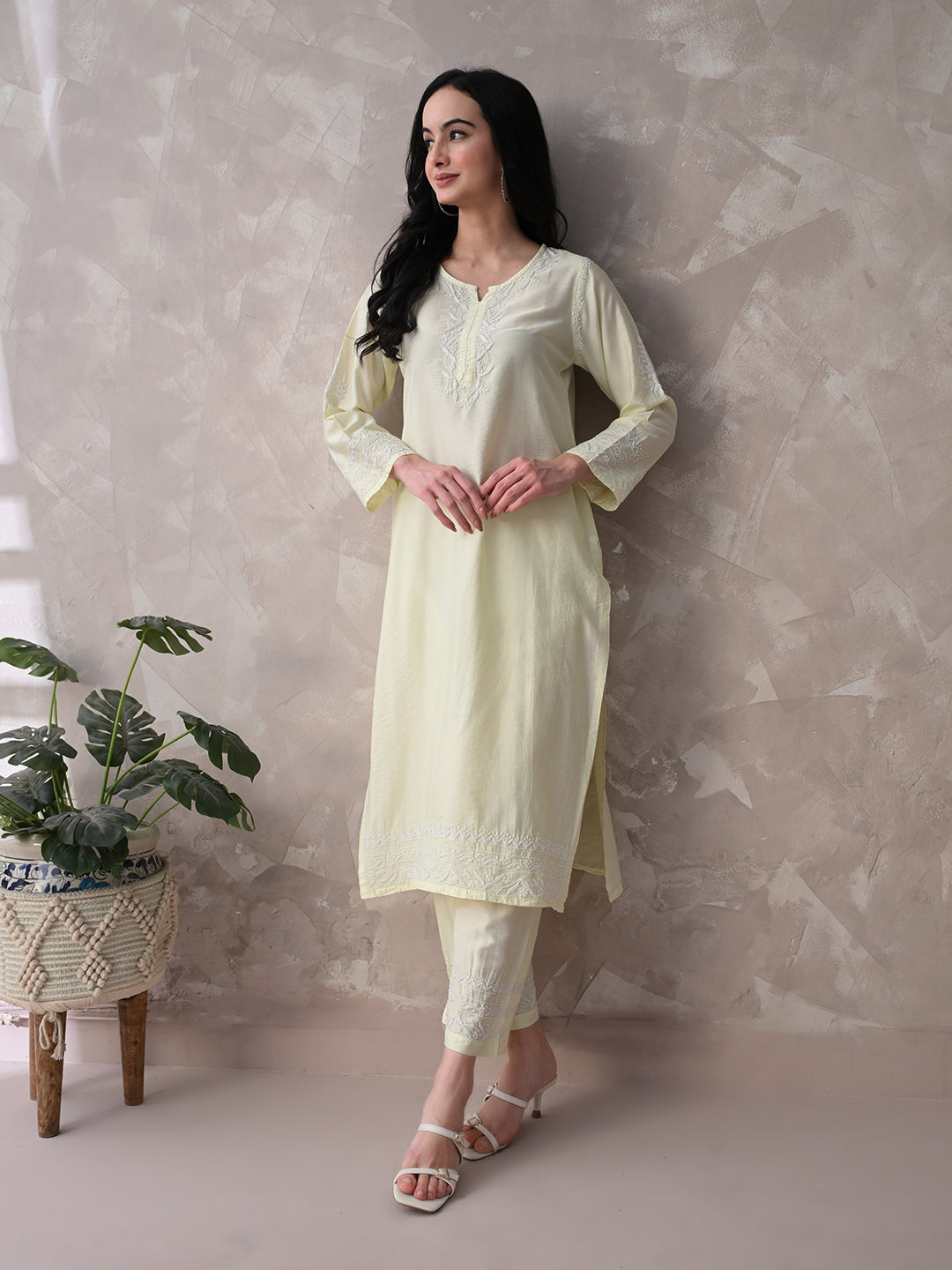 Chanderi Chikankari Kurta Set - Pastel Green
