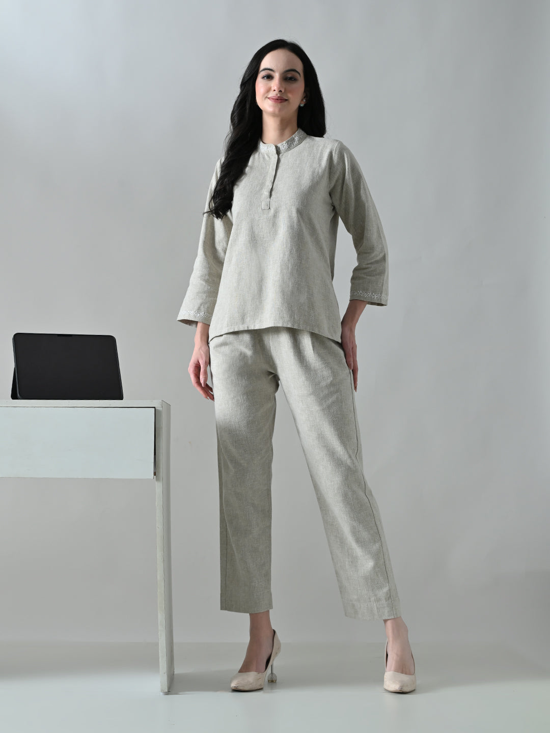 Power Linen Chikankari Co-ord Set - Beige