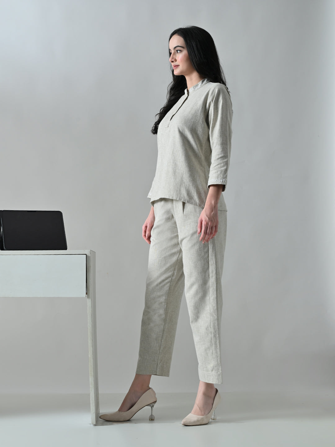 Power Linen Chikankari Co-ord Set - Beige