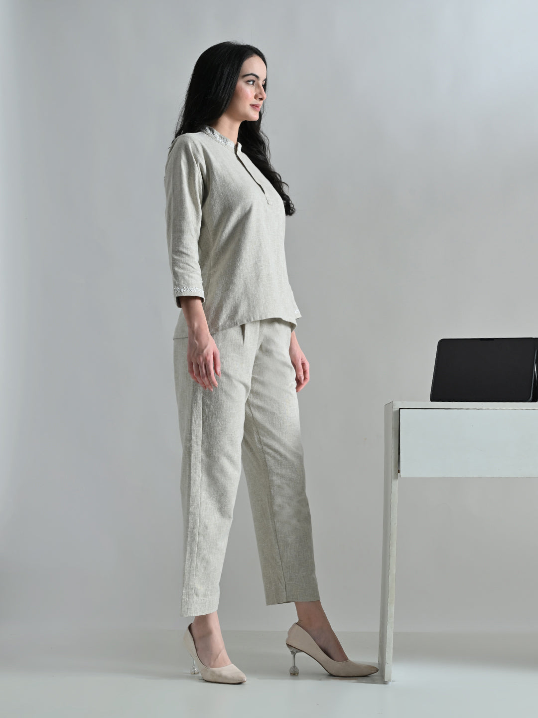 Power Linen Chikankari Co-ord Set - Beige