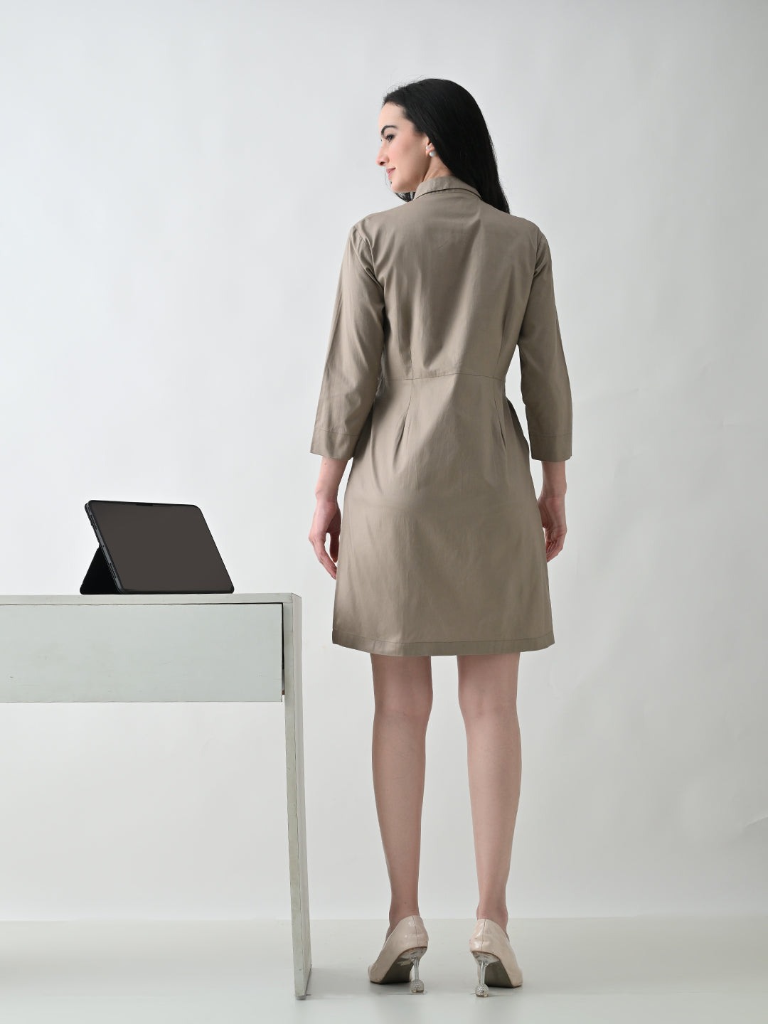 Panelled Chikankari Shirt Dress - Taupe