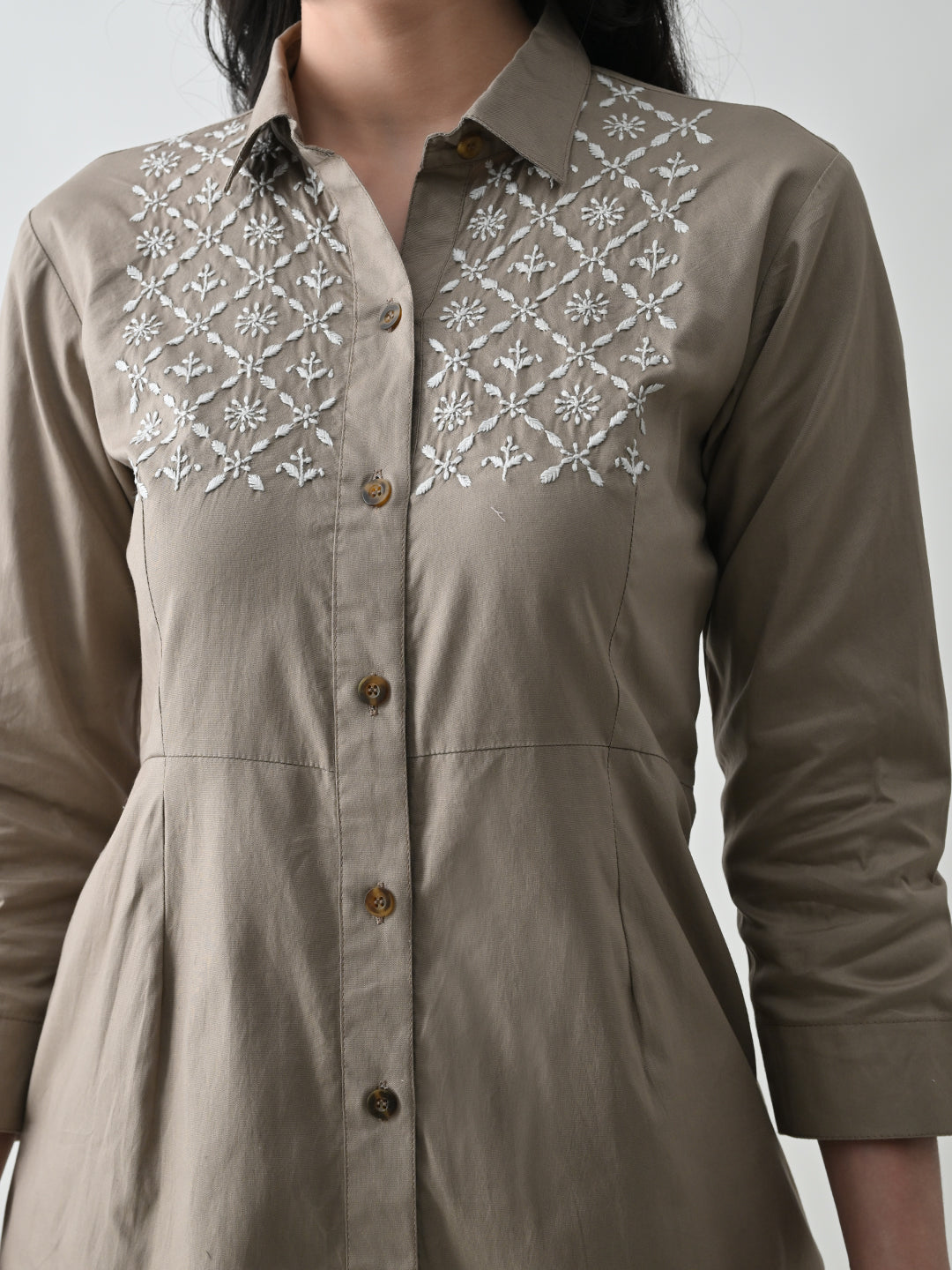 Panelled Chikankari Shirt Dress - Taupe