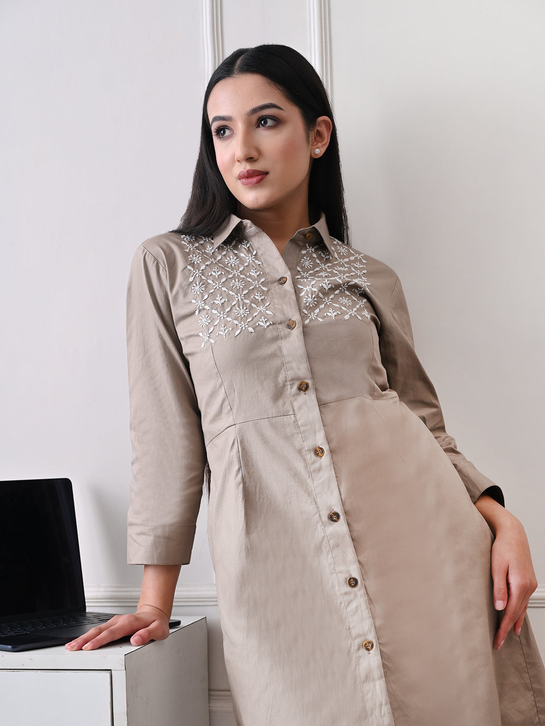 Panelled Chikankari Shirt Dress - Taupe