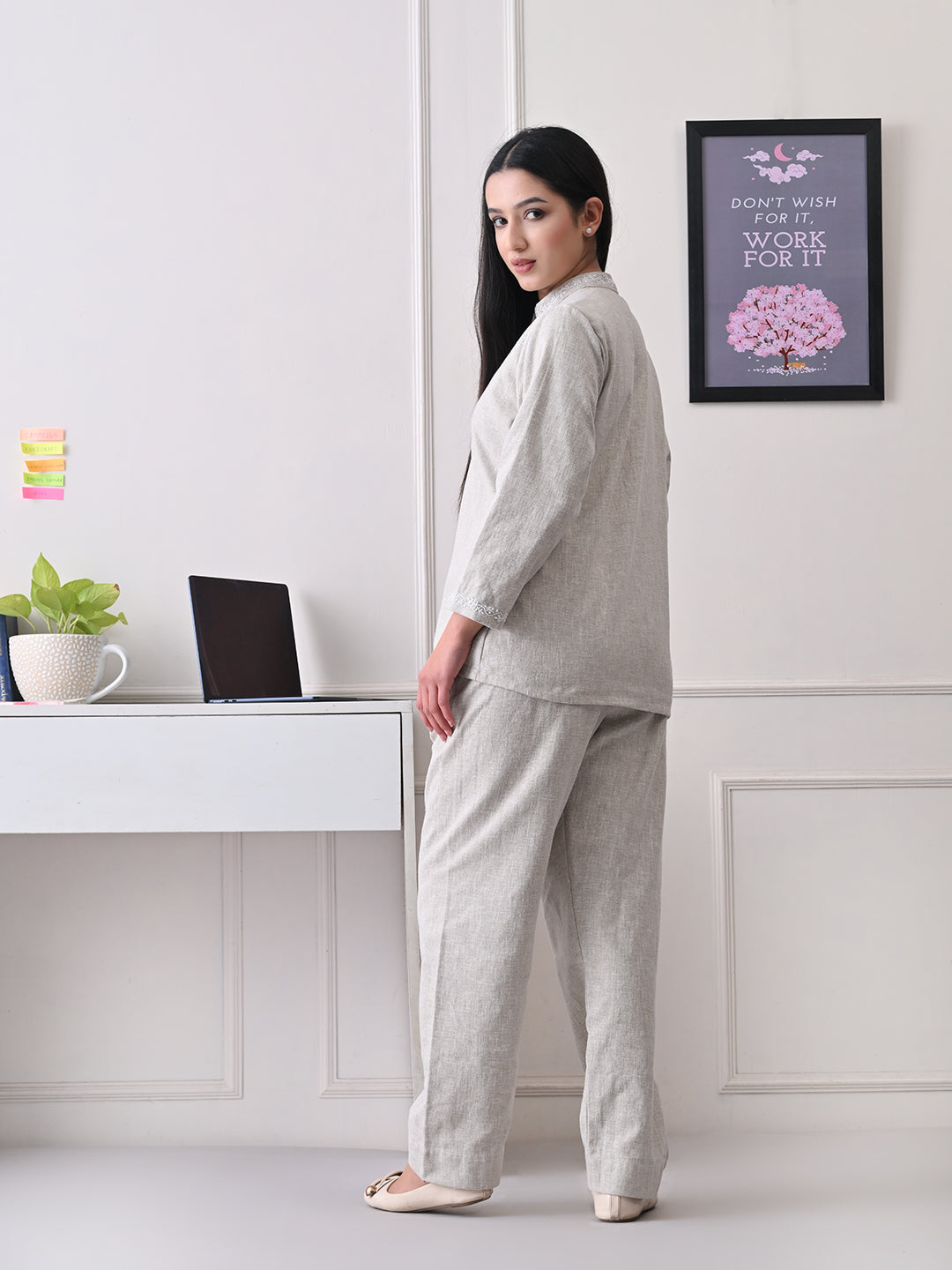 Power Linen Chikankari Co-ord Set - Beige