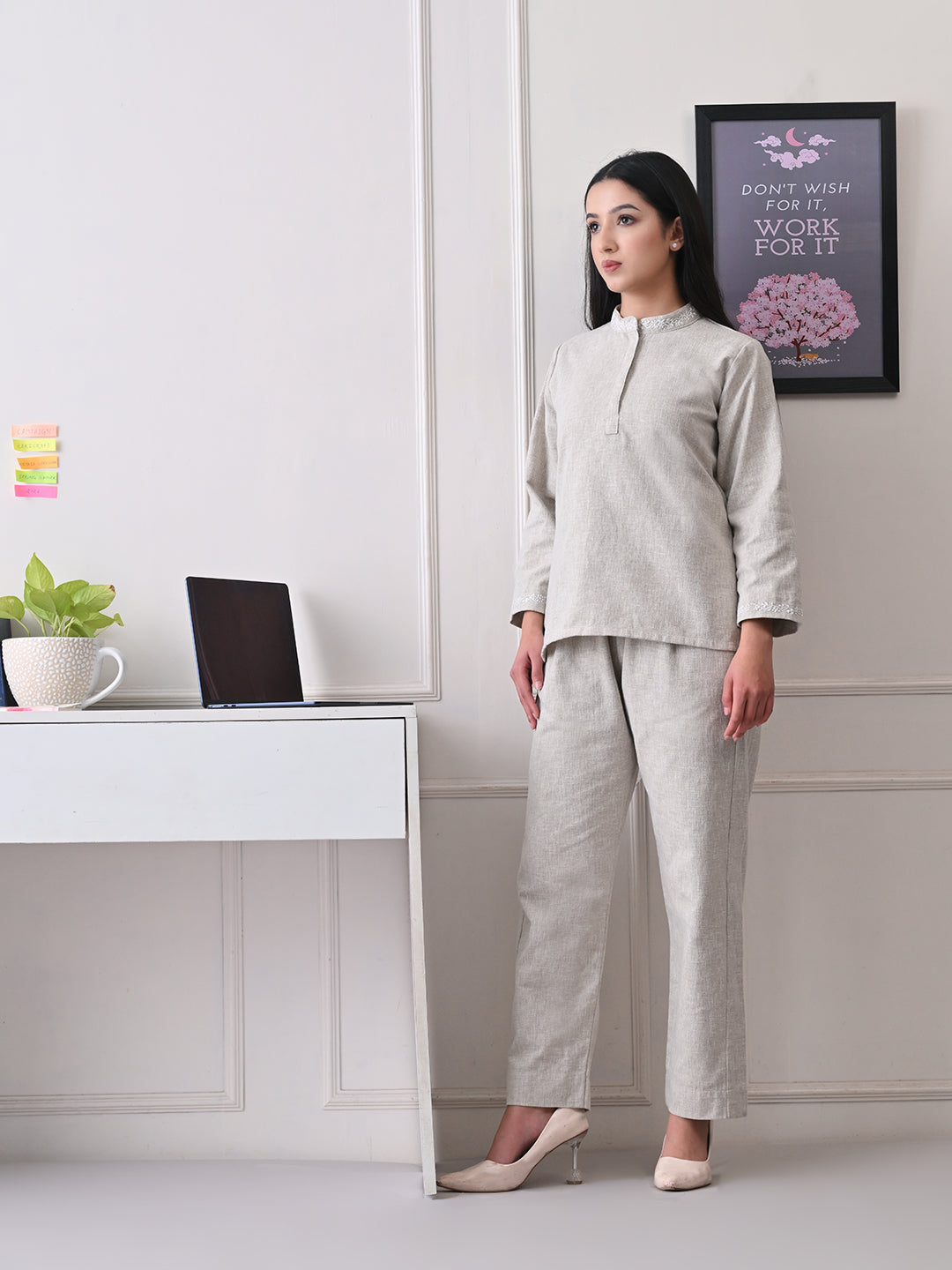 Power Linen Chikankari Co-ord Set - Beige