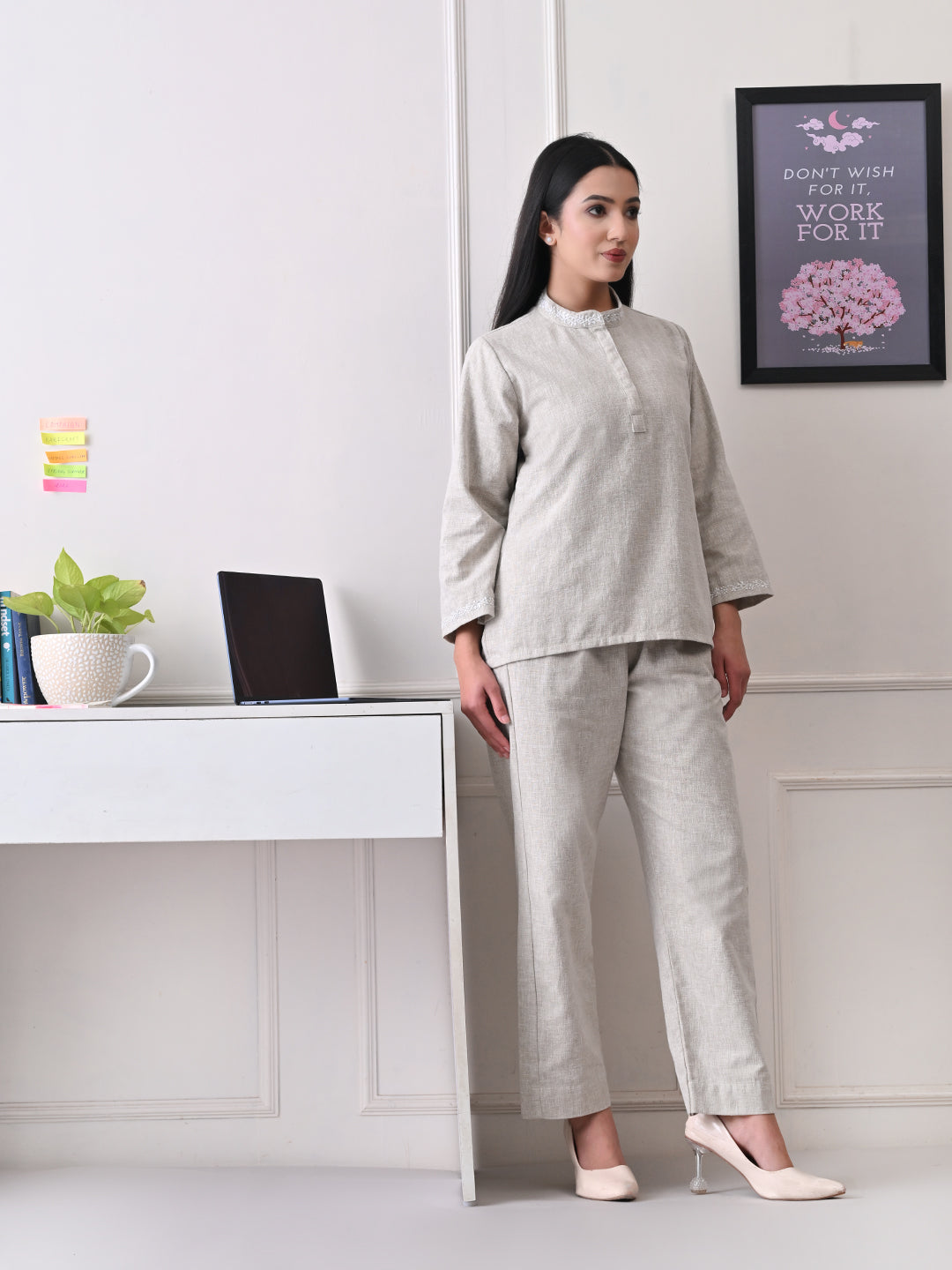 Power Linen Chikankari Co-ord Set - Beige