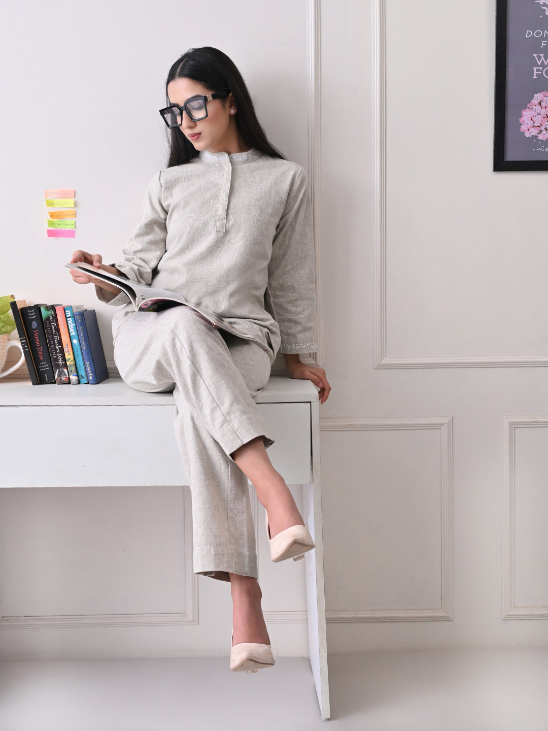 Power Linen Chikankari Co-ord Set - Beige