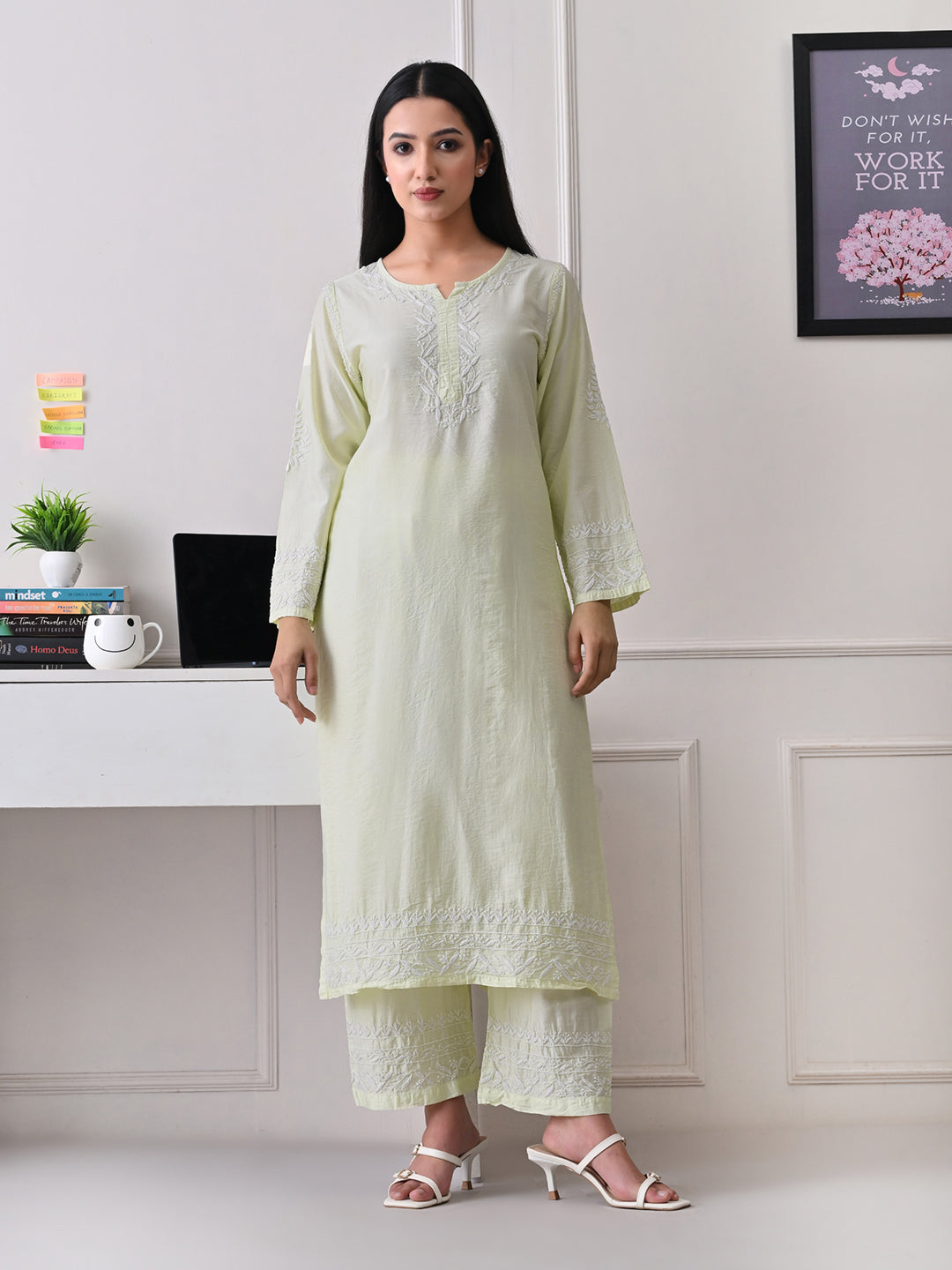 Chanderi Chikankari Kurta Set - Pastel Green