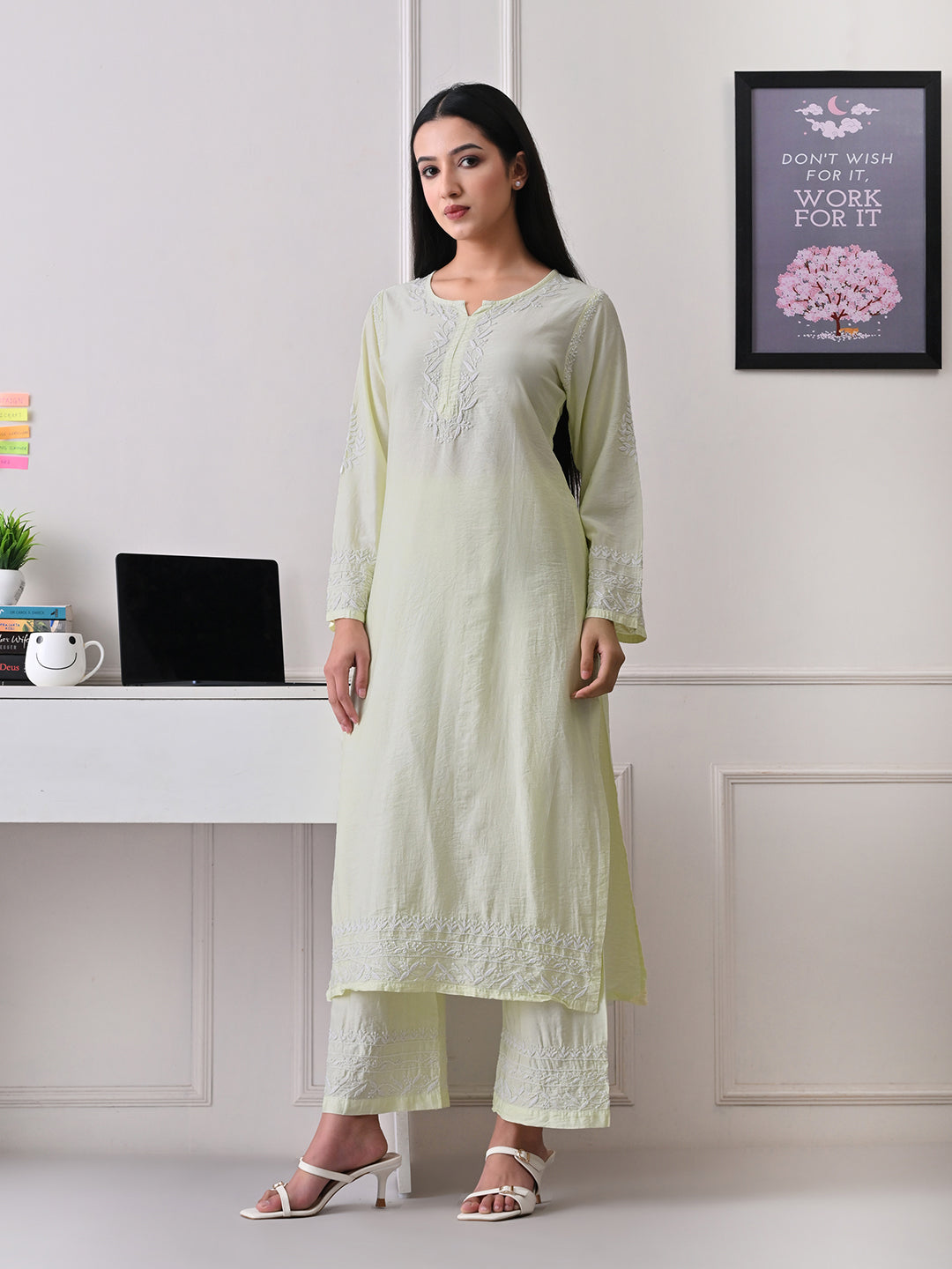 Chanderi Chikankari Kurta Set - Pastel Green
