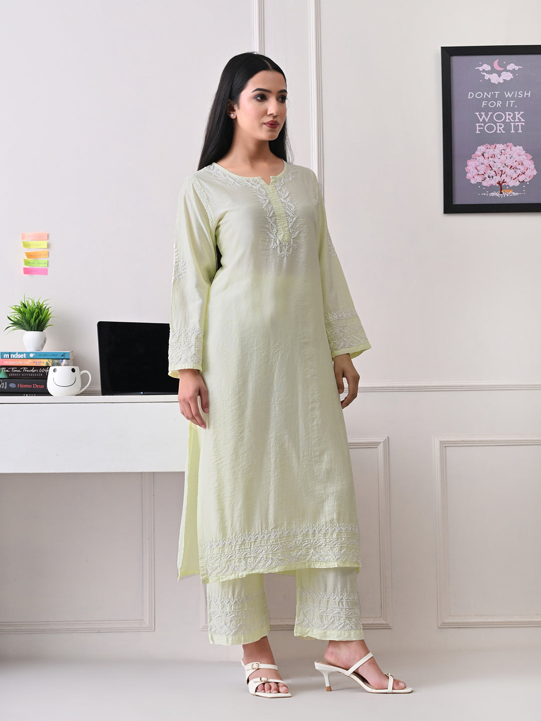 Chanderi Chikankari Kurta Set - Pastel Green