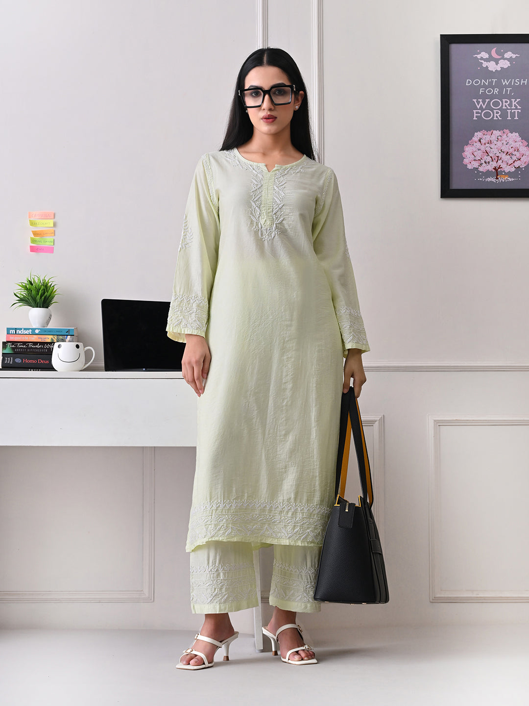 Chanderi Chikankari Kurta Set - Pastel Green