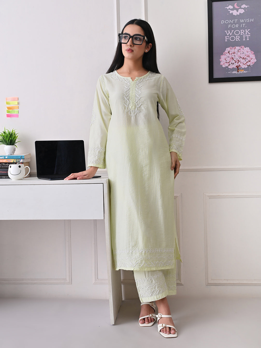 Chanderi Chikankari Kurta Set - Pastel Green