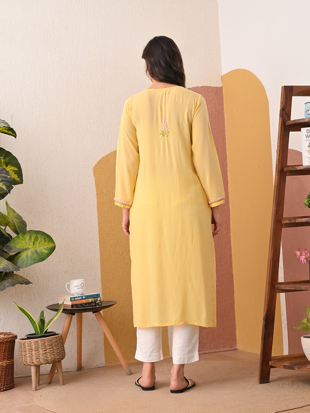 Soft Modal Chikankari kurta with blush pink and green embroidery - Lemon Yellow