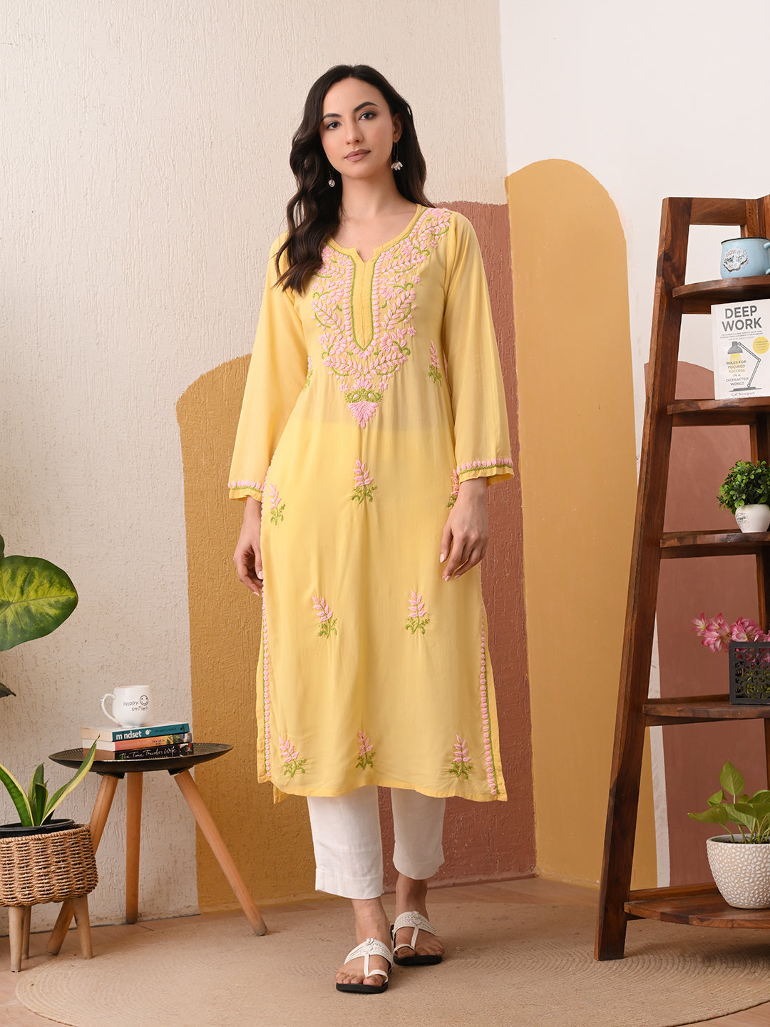 Soft Modal Chikankari kurta with blush pink and green embroidery - Lemon Yellow