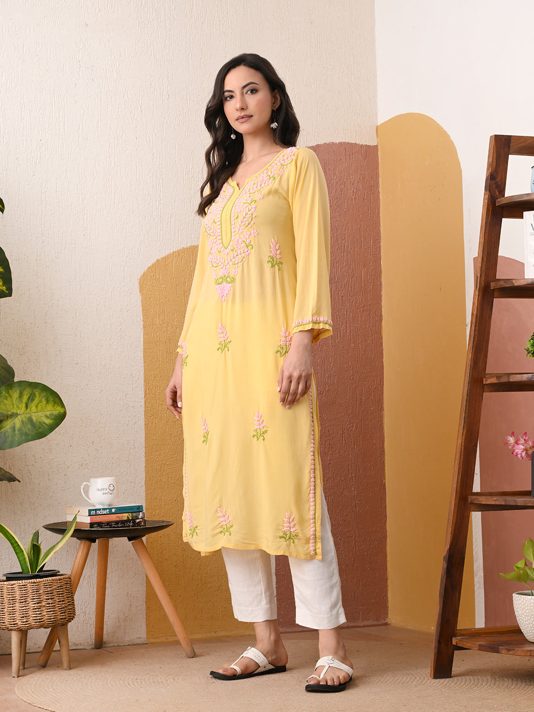 Soft Modal Chikankari kurta with blush pink and green embroidery - Lemon Yellow