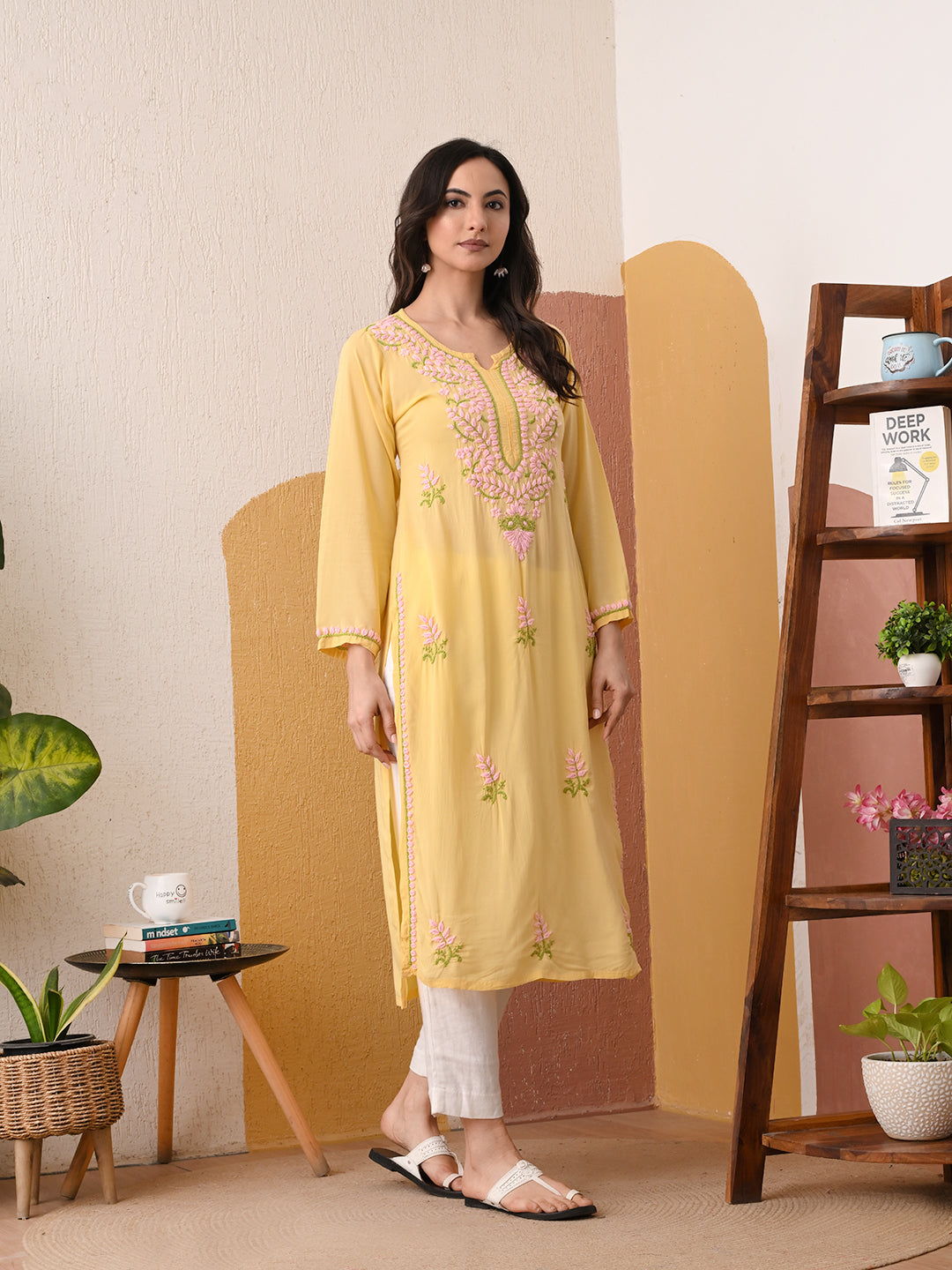 Soft Modal Chikankari kurta with blush pink and green embroidery - Lemon Yellow
