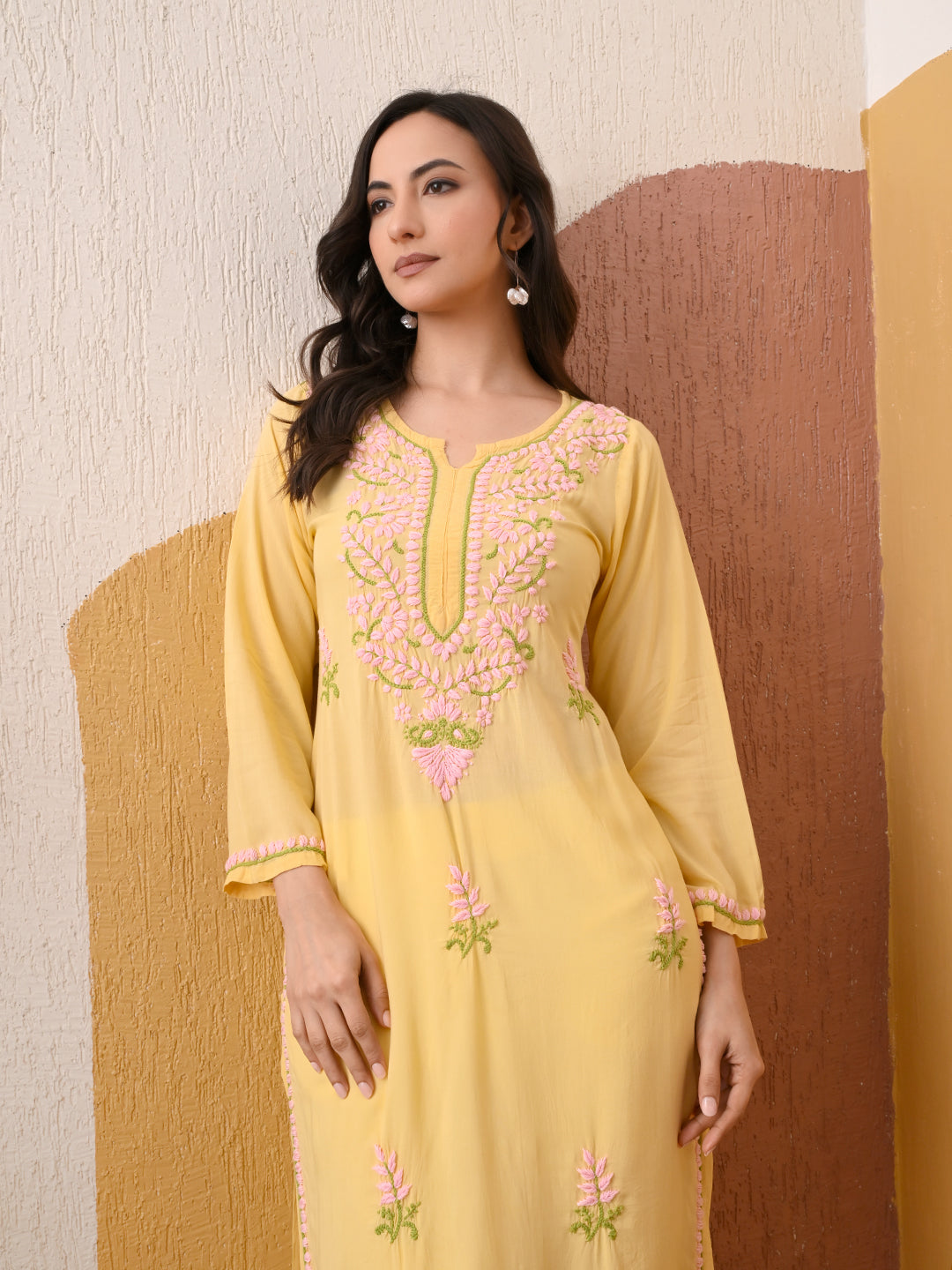 Soft Modal Chikankari kurta with blush pink and green embroidery - Lemon Yellow