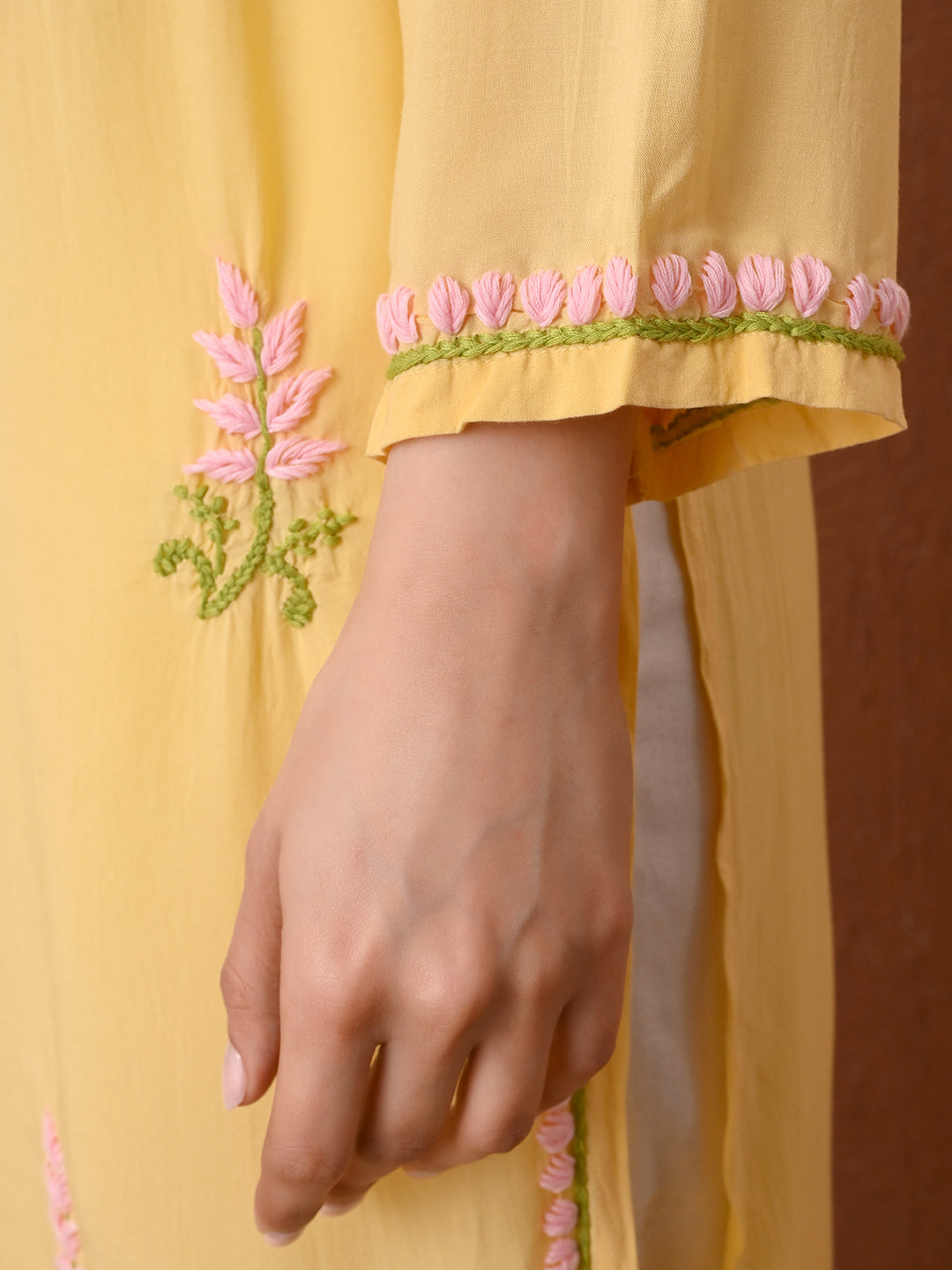 Soft Modal Chikankari kurta with blush pink and green embroidery - Lemon Yellow