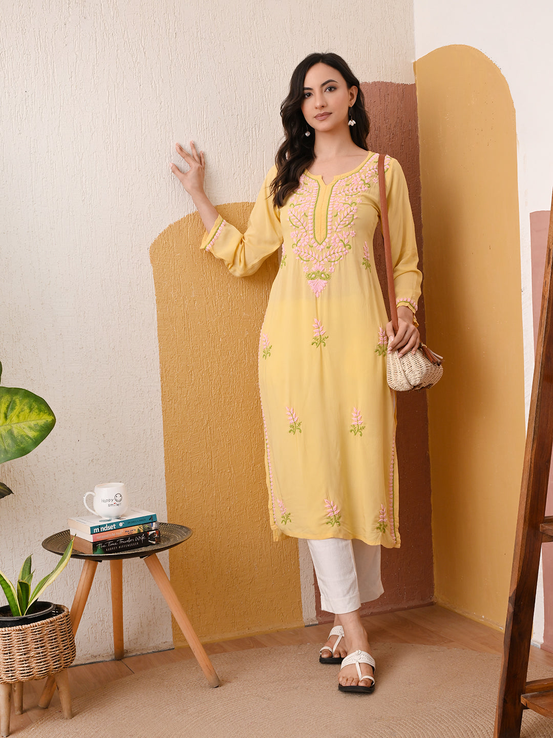 Soft Modal Chikankari kurta with blush pink and green embroidery - Lemon Yellow