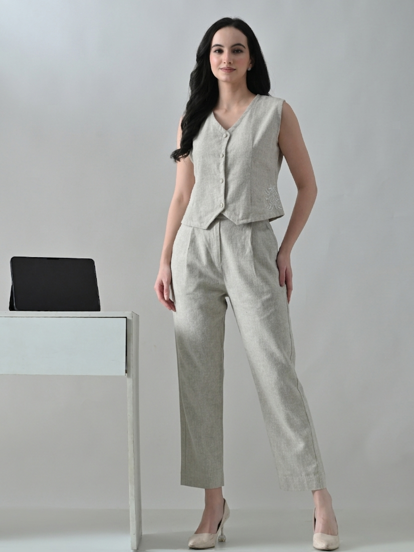 Chikankari Linen Waistcoat- Beige