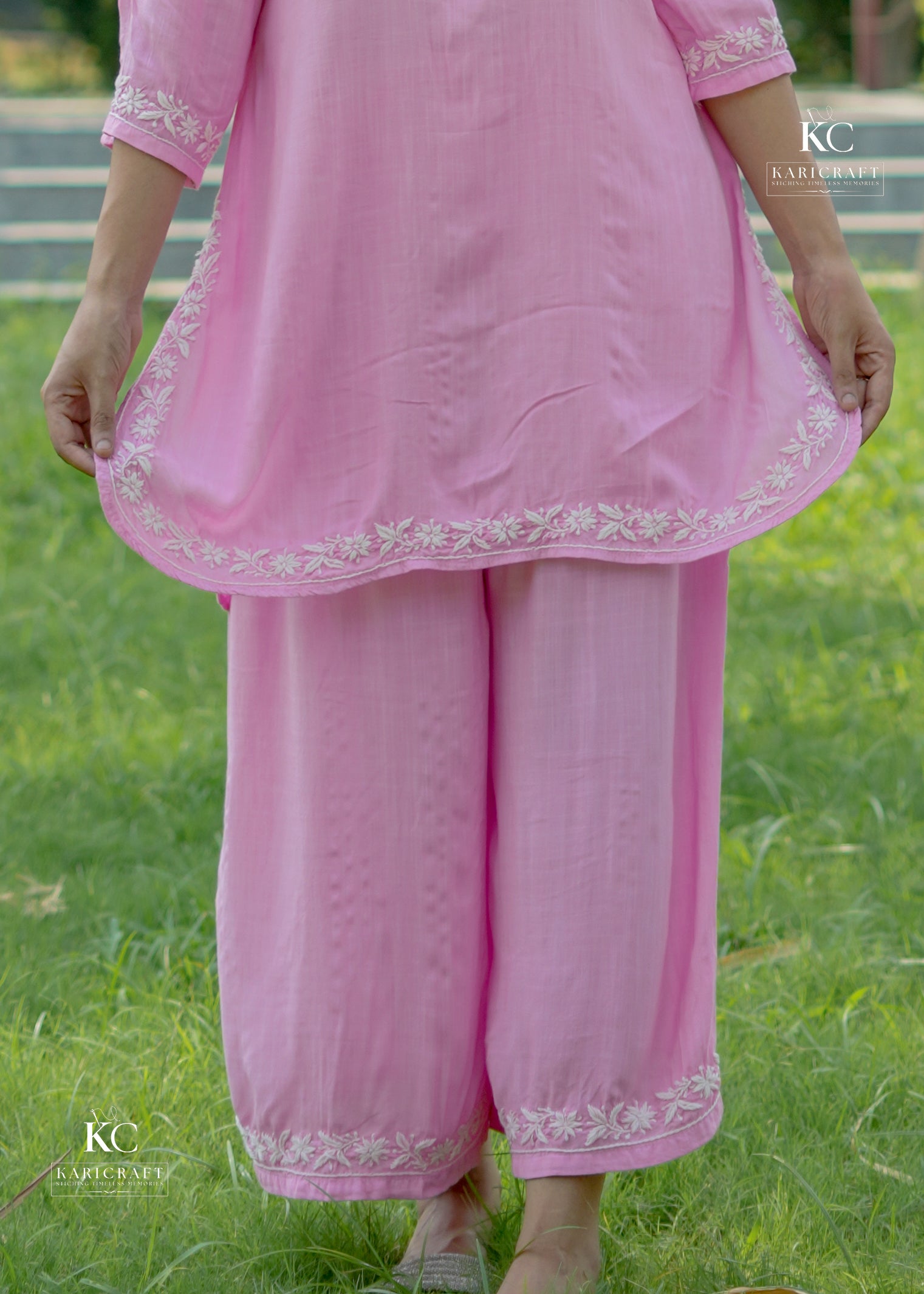 Pink Cotton Slub Chikankari Co-ord Set