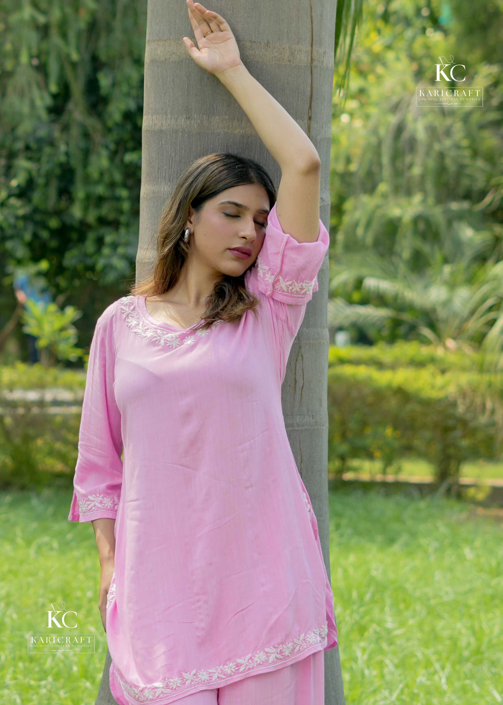 Pink Cotton Slub Chikankari Co-ord Set