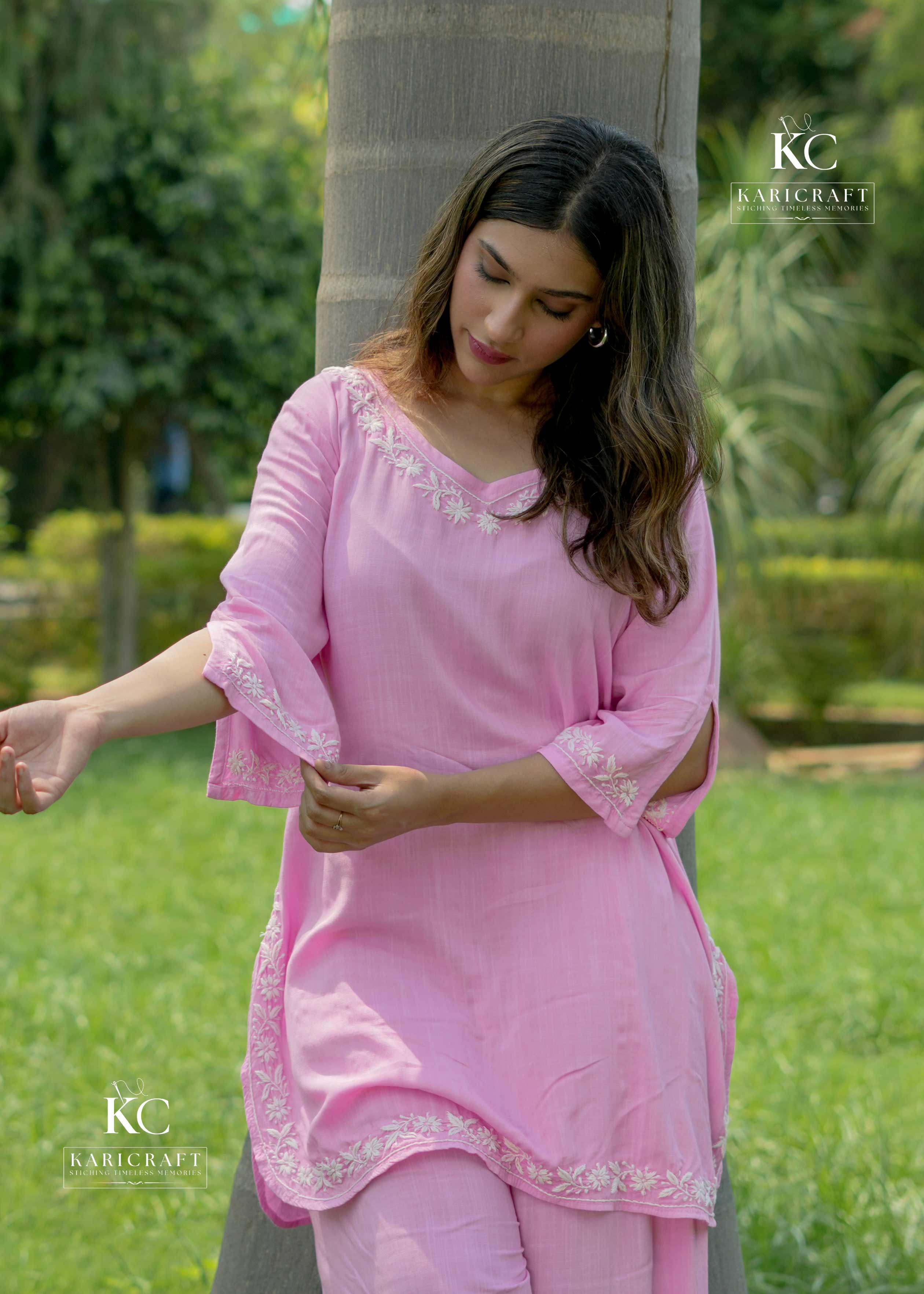 Pink Cotton Slub Chikankari Co-ord Set