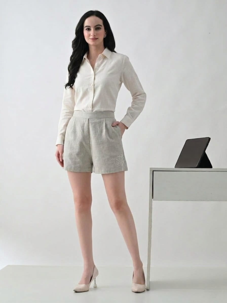 Linen Chikankari Shorts- Beige