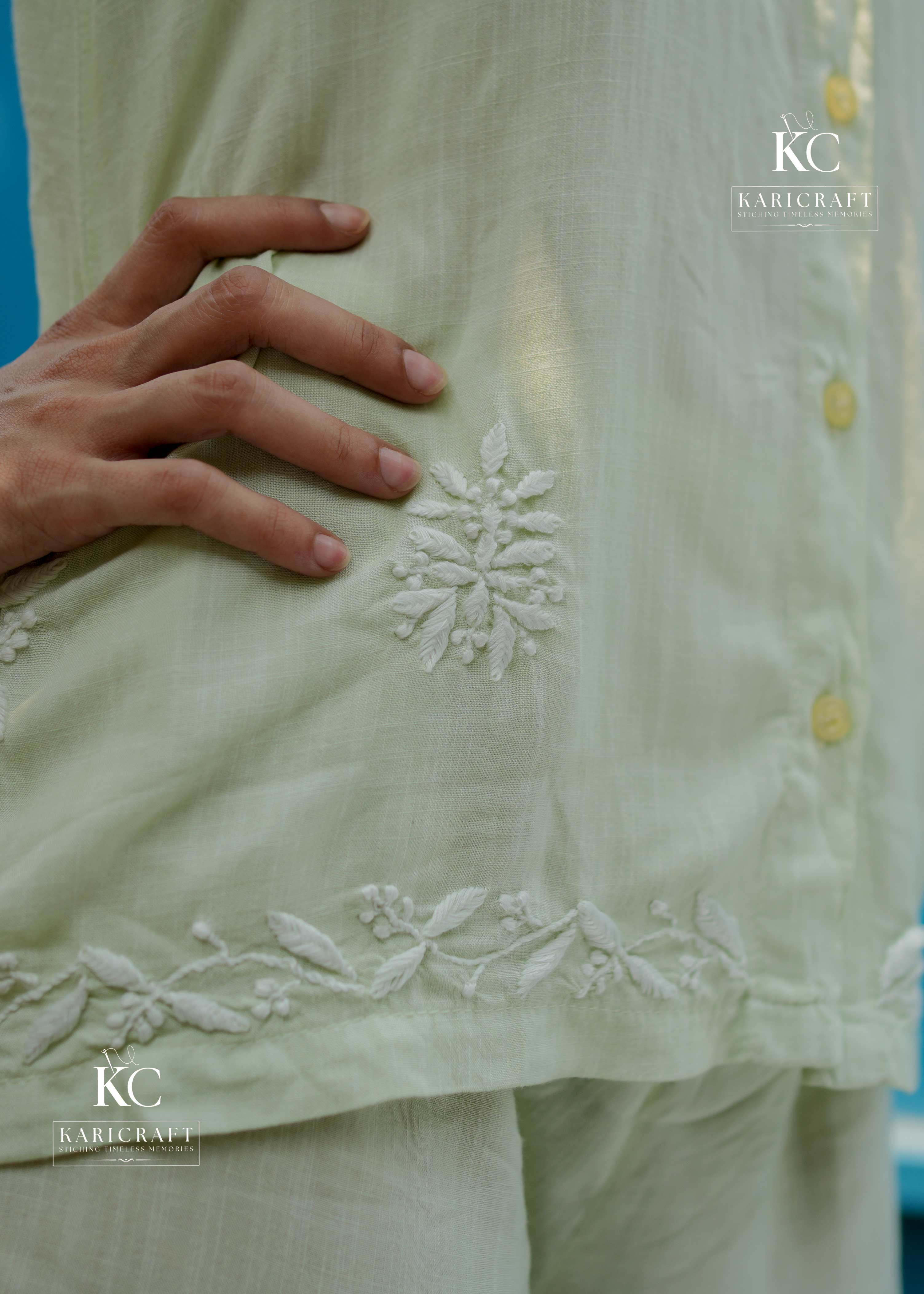 Close-up of hand-embroidered Channa Patti & Pechni stitches on cotton slub