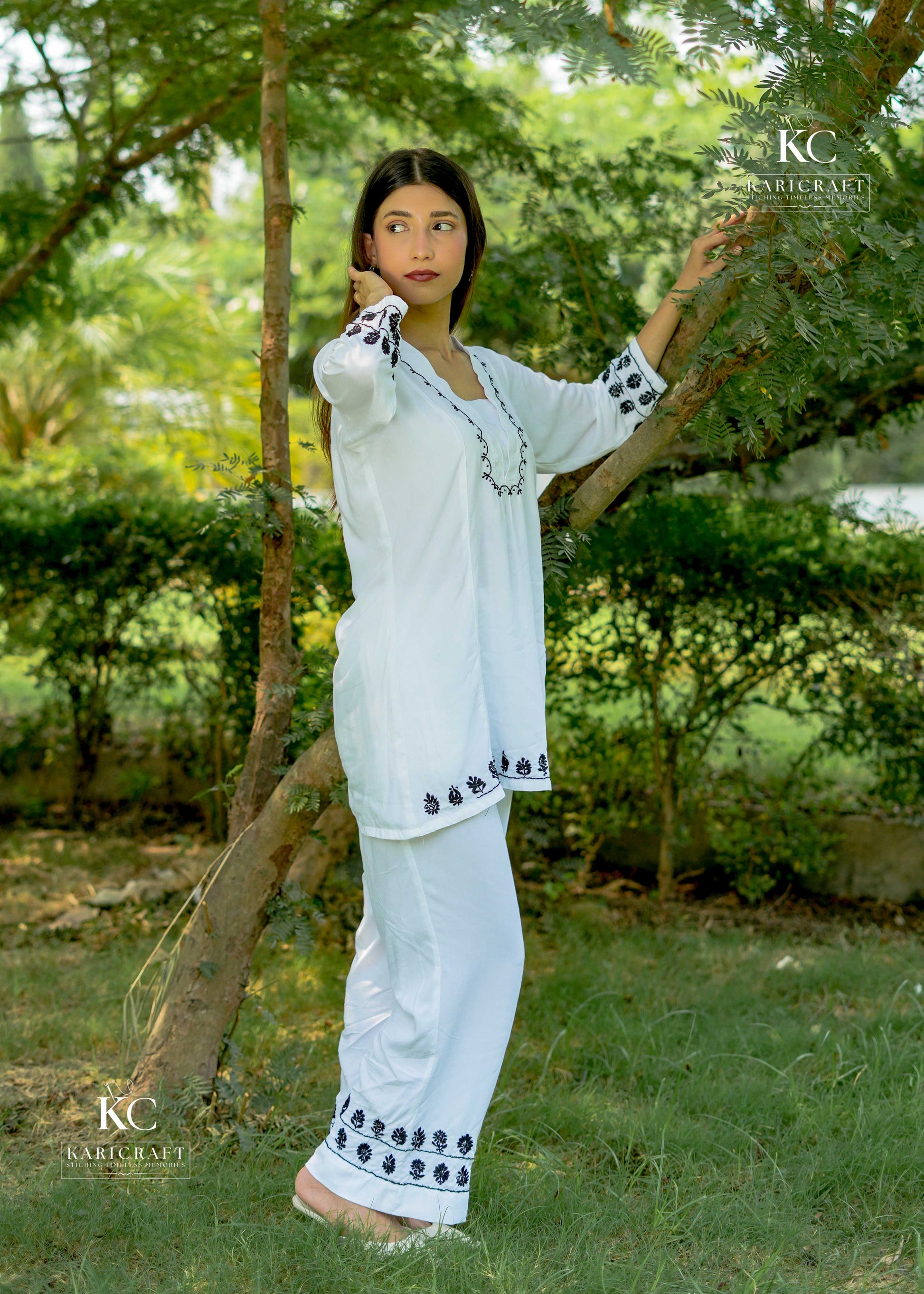 Close-up of hand-embroidered black thread Chikankari stitches
