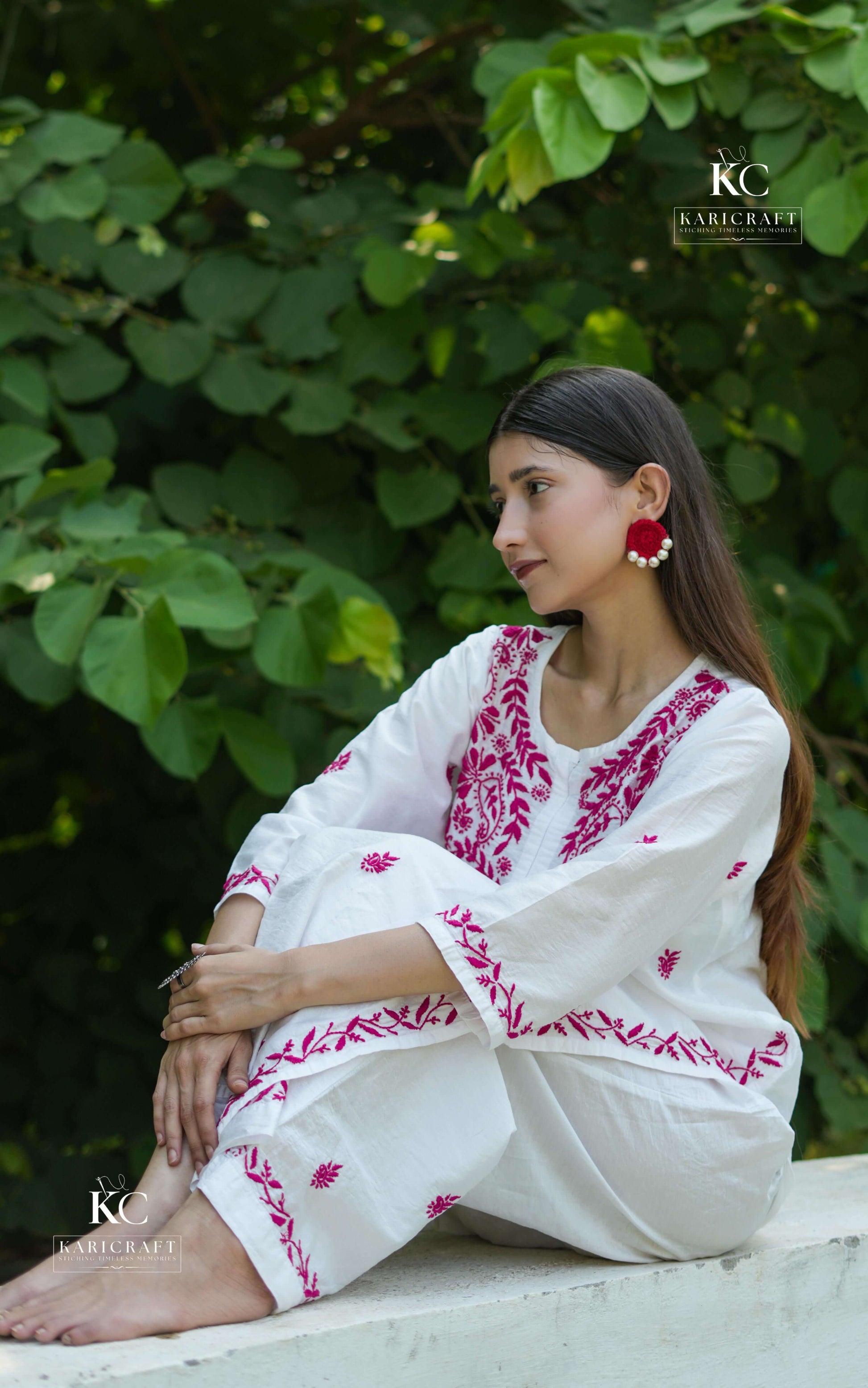 Front view of White Chikankari Kurta Set in Chanderi fabric